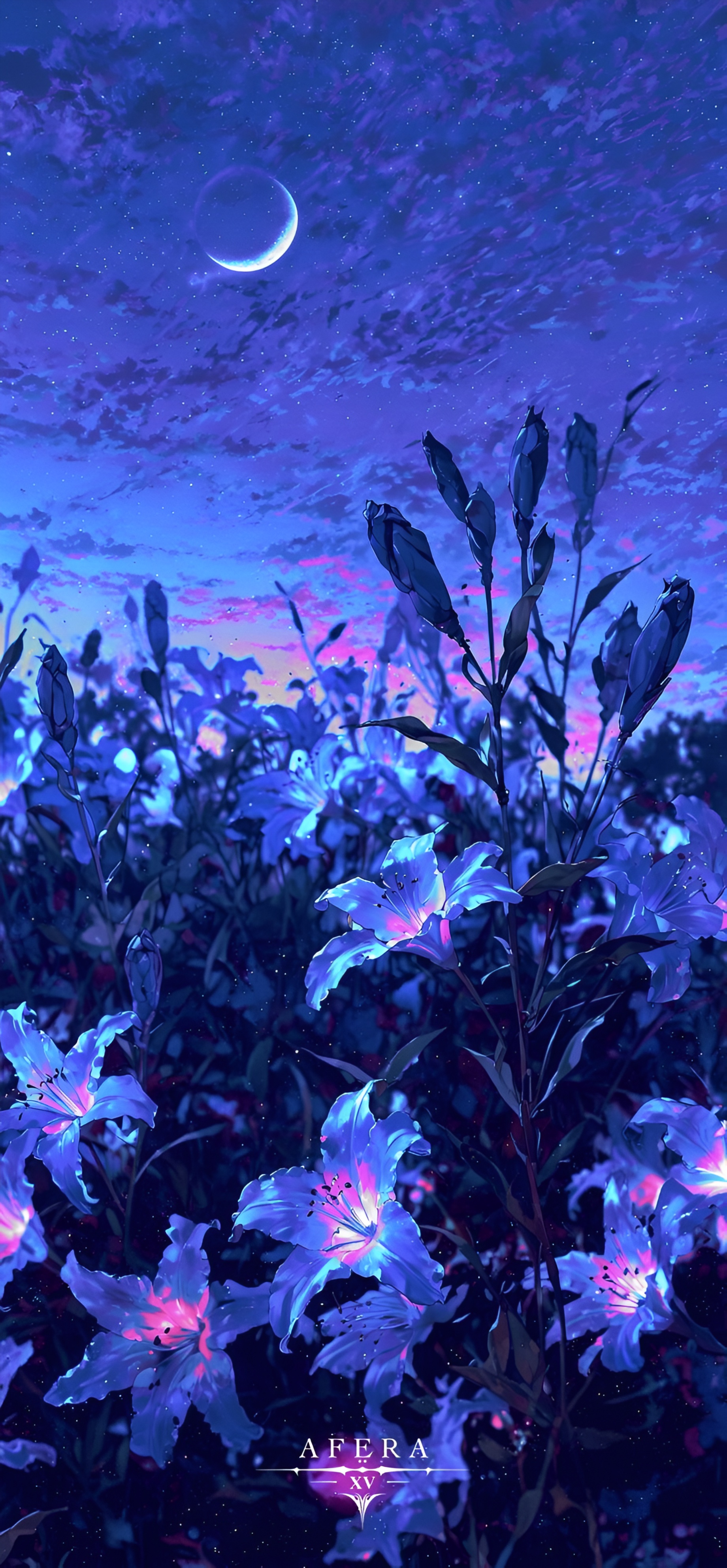 Anime Uwanja wa Maua ya Lily Mwanga wa Mwezi Wallpaper Usiku