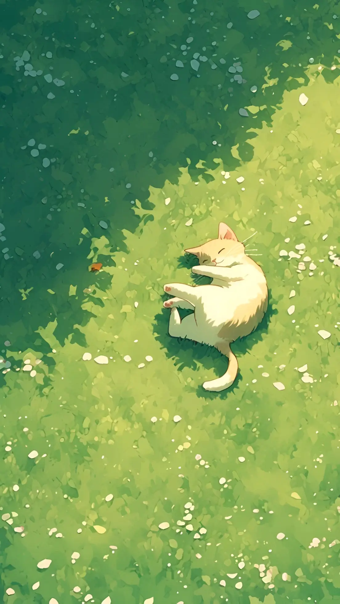 Anime Kat Dutje Doend op Groen Gras Achtergrond