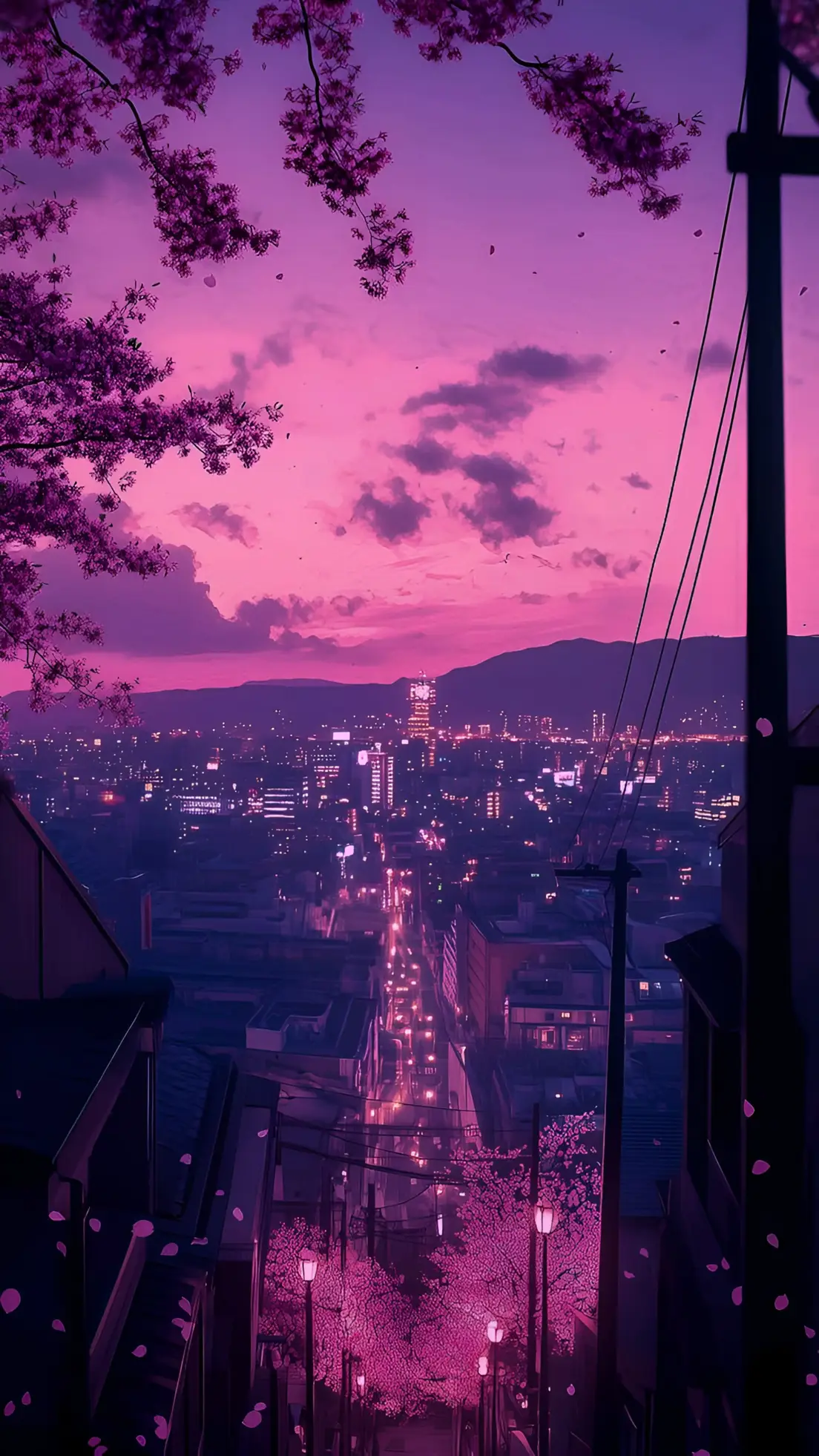 Anime Mji wa Machweo ya Jua na Maua ya Cherry Wallpaper