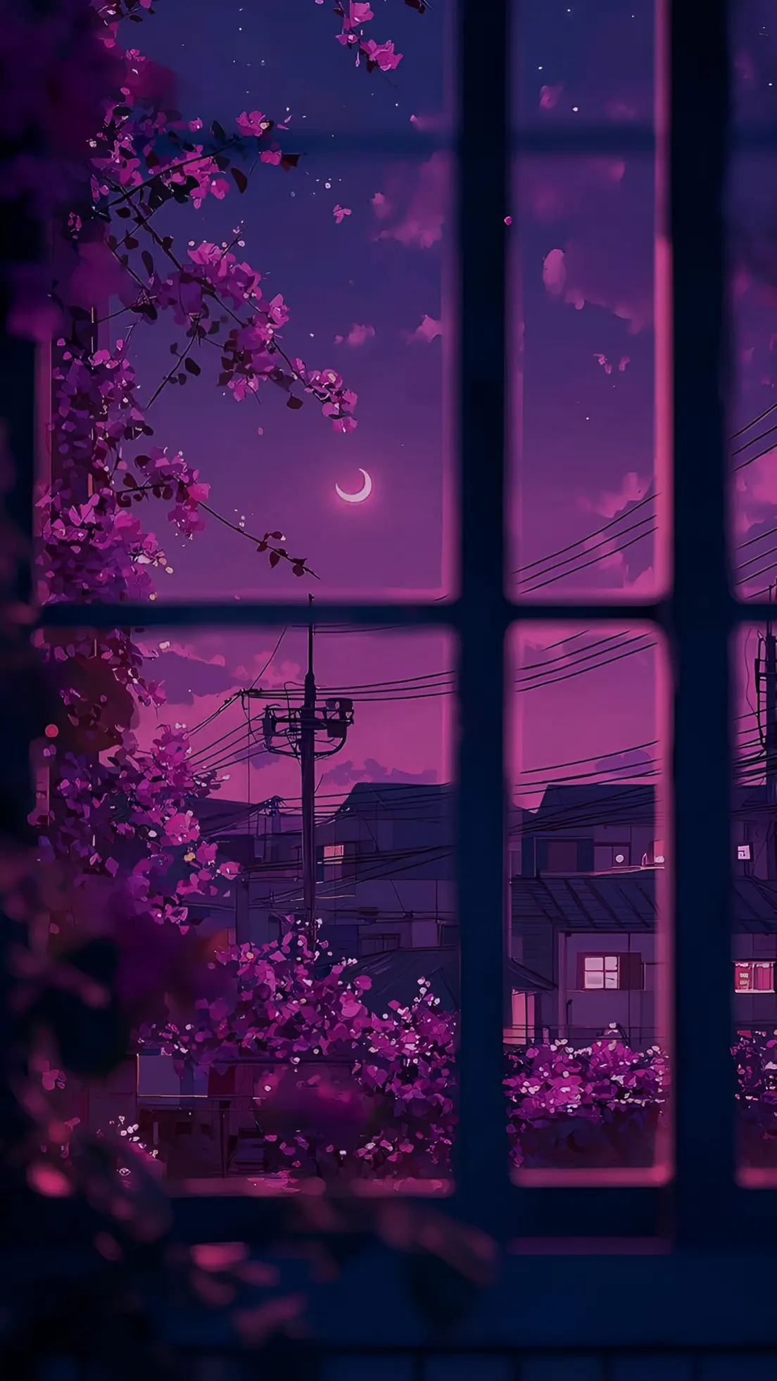 Anime Zambarau Usiku Dirisha Maua Mandhari