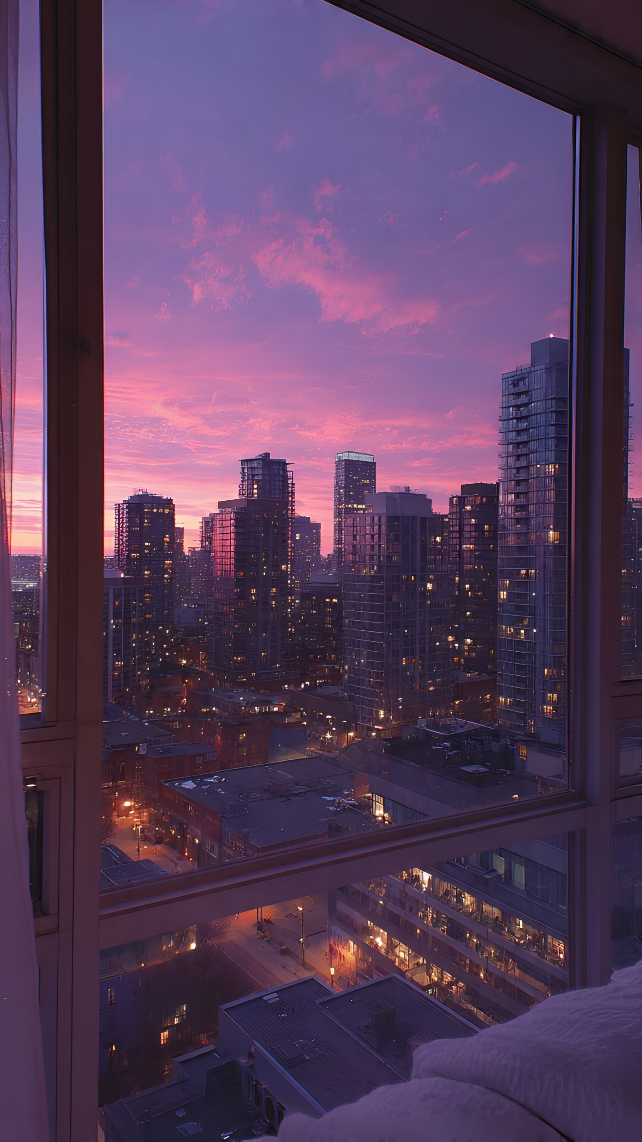 Purple Sunset City Skyline Wallpaper