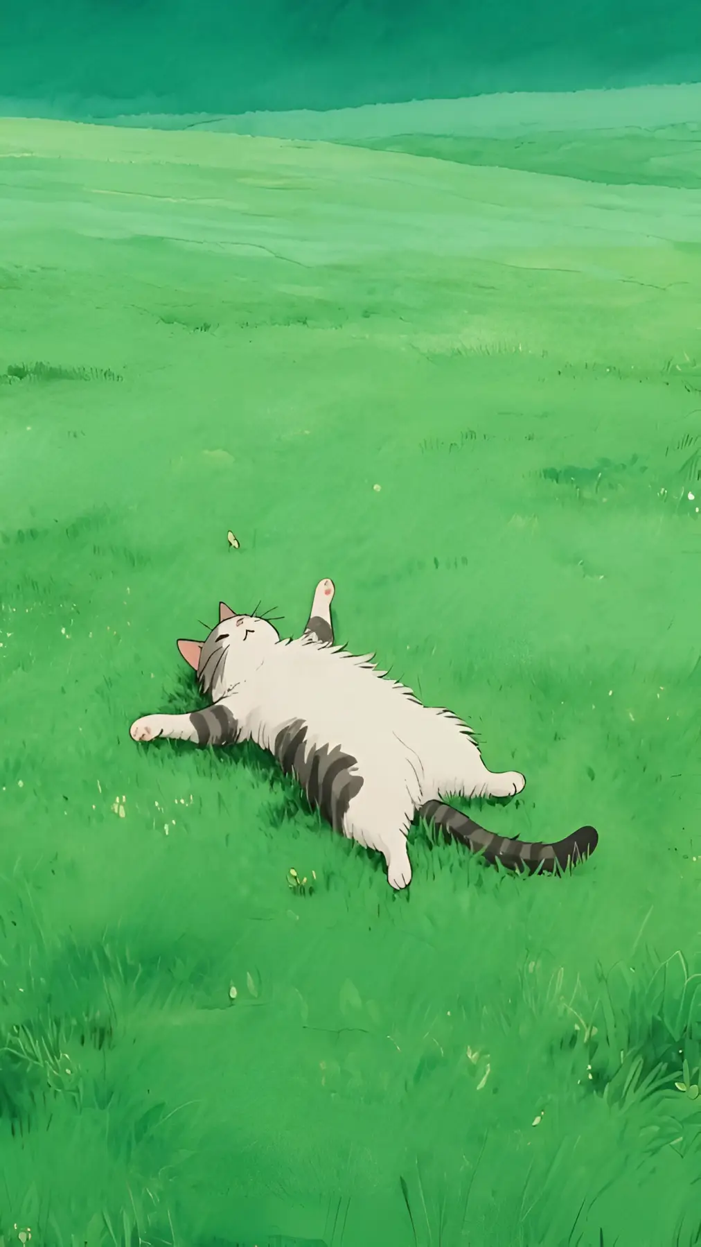 Luie Kat Dutje Doend in Groen Veld Anime Achtergrond