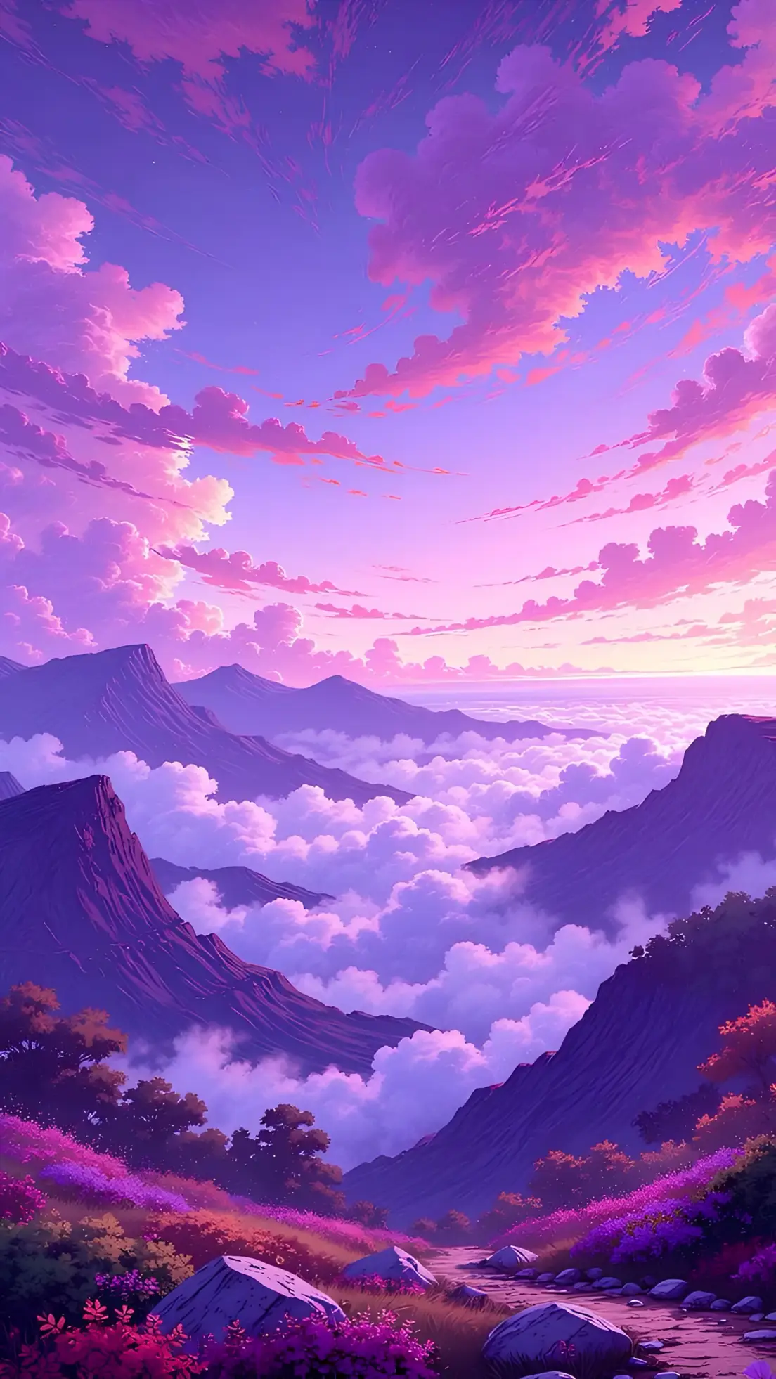 Anime Zambarau Mlima Machweo ya Jua Mawingu Mandhari