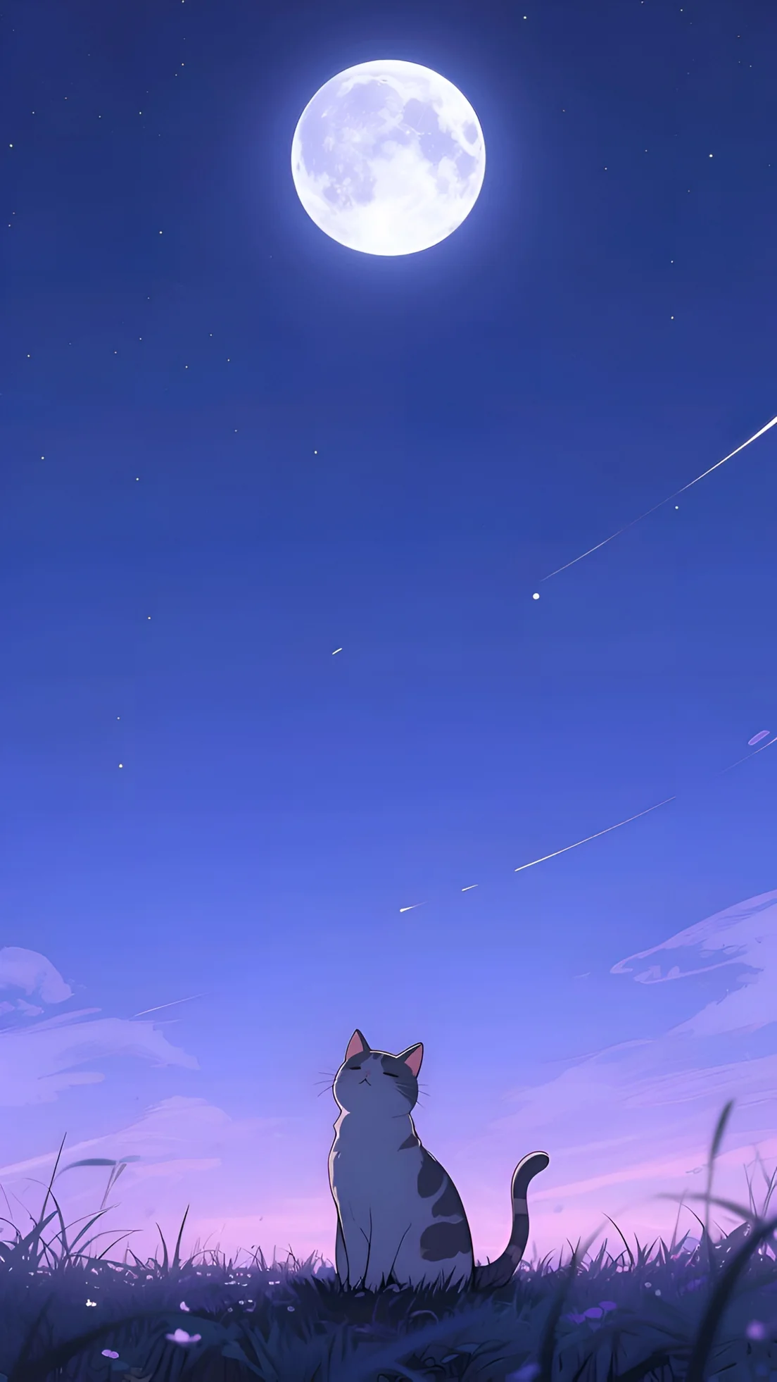Anime Cat Gazing at Full Moon Night Wallpaper