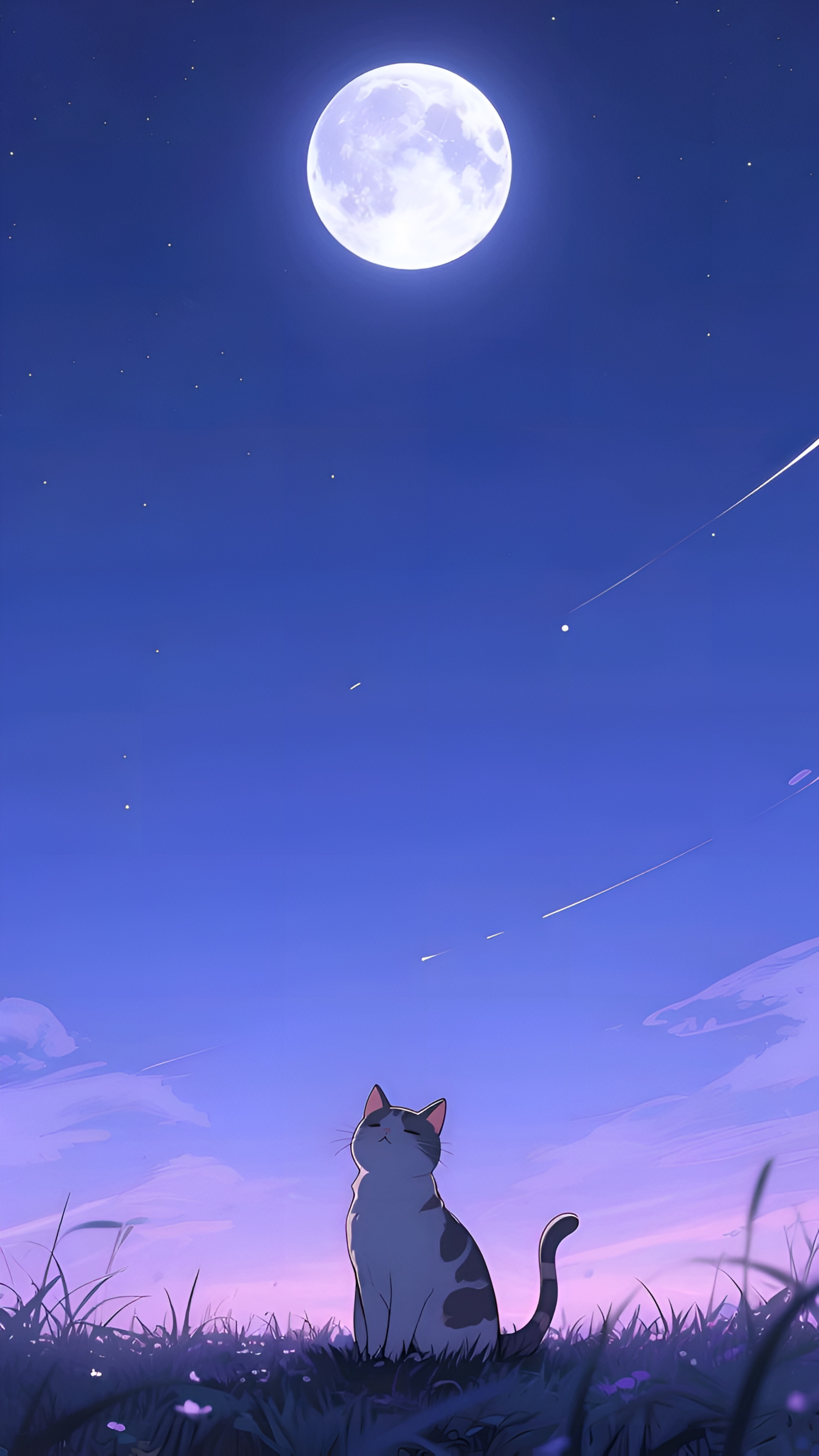 Anime Cat Gazing at Full Moon Night Wallpaper