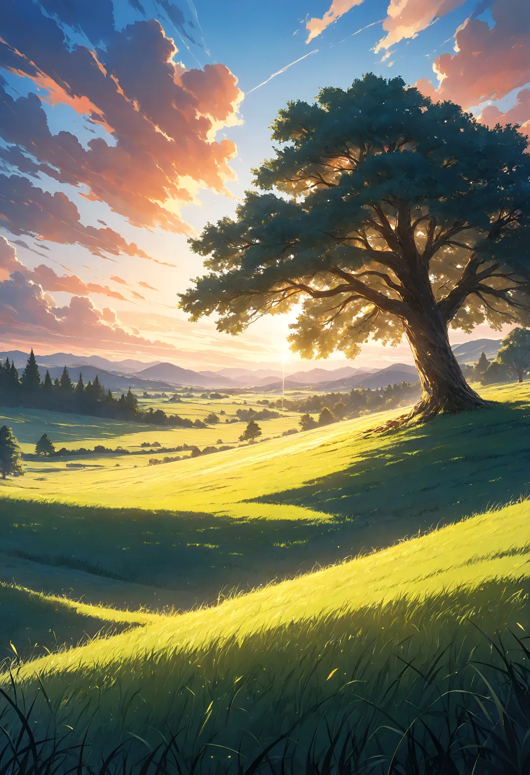 Anime Gün Batımı ve Muhteşem Ağaç ile Yemyeşil Vadi