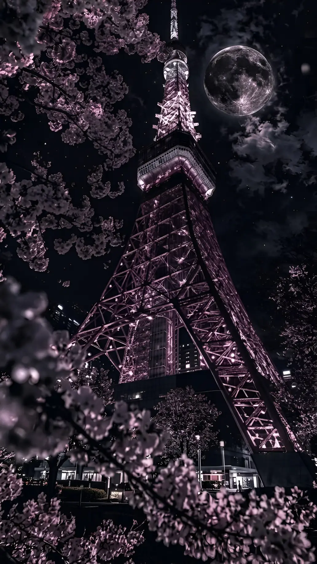 Picha ya Usuli ya Tokyo Tower Usiku – Mwezi Mzima na Maua ya Cherry katika 4K
