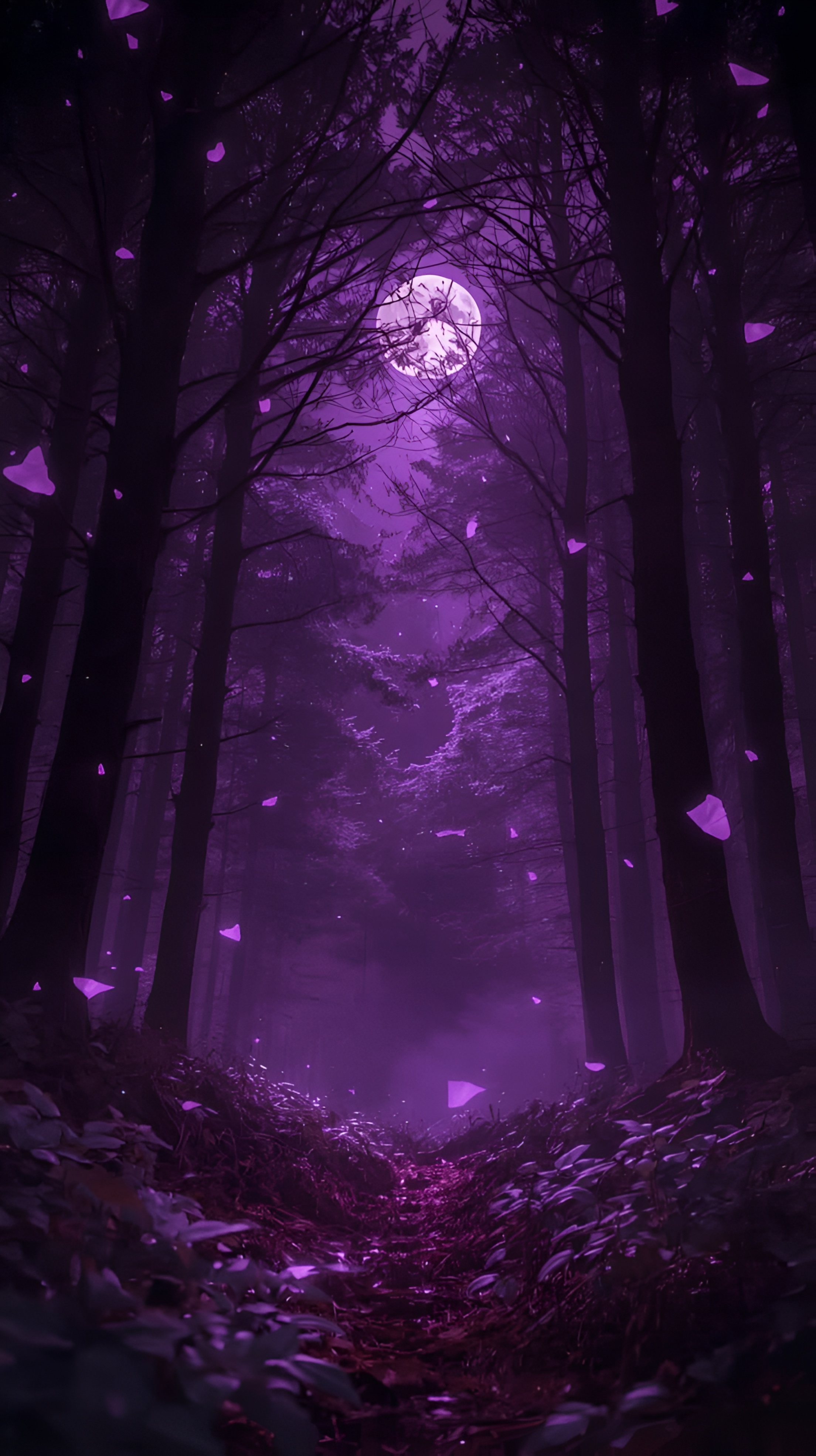 Anime Njia ya Msitu wa Mwanga wa Mwezi wa Zambarau Wallpaper