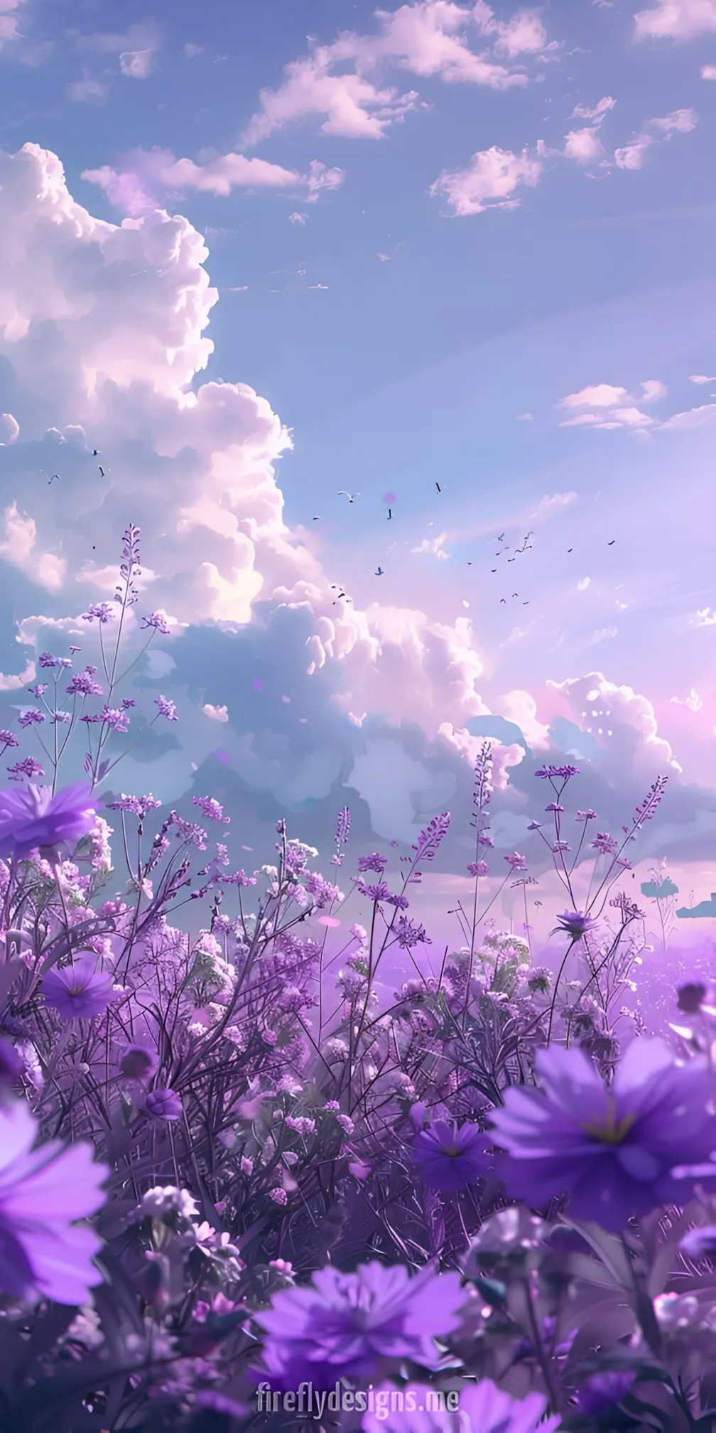 Anime Mandhari ya Uwanja wa Maua Mabichi ya Zambarau na Anga Wallpaper