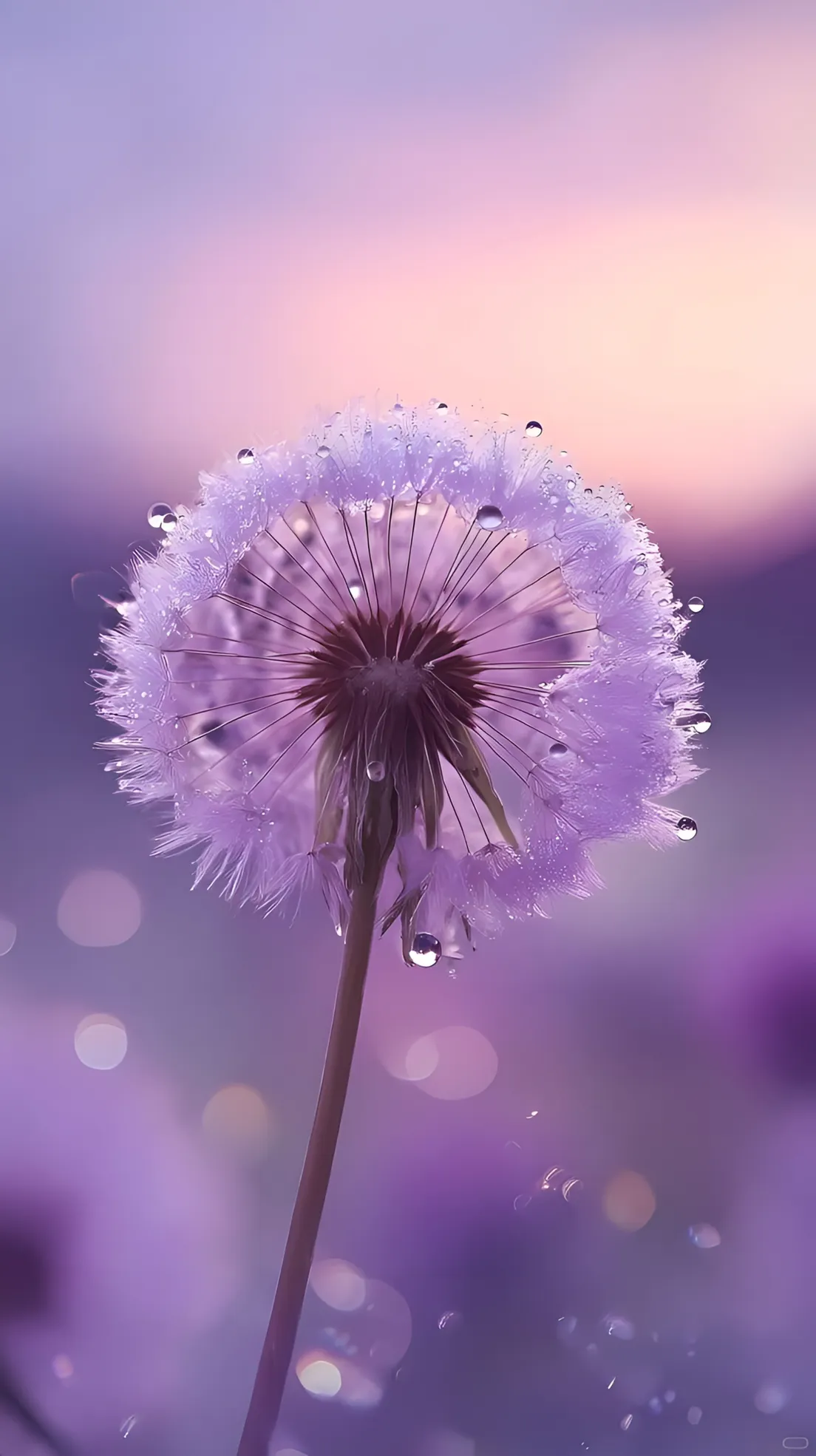 Mandhari ya Dandelion ya Zambarau na Matone ya Umande