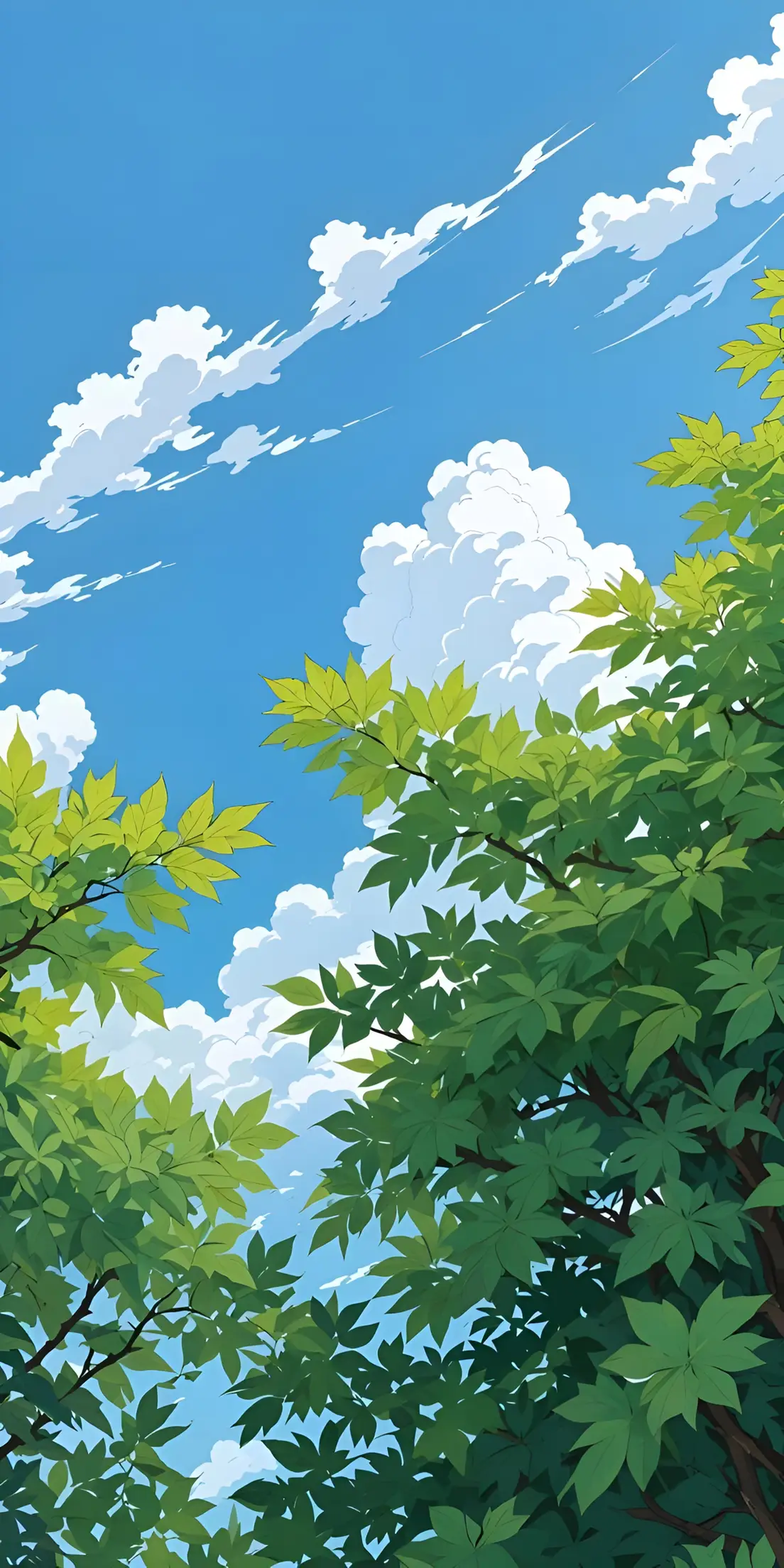Anime Sky Canopy Wallpaper – Miti ya Kijani Kibichi