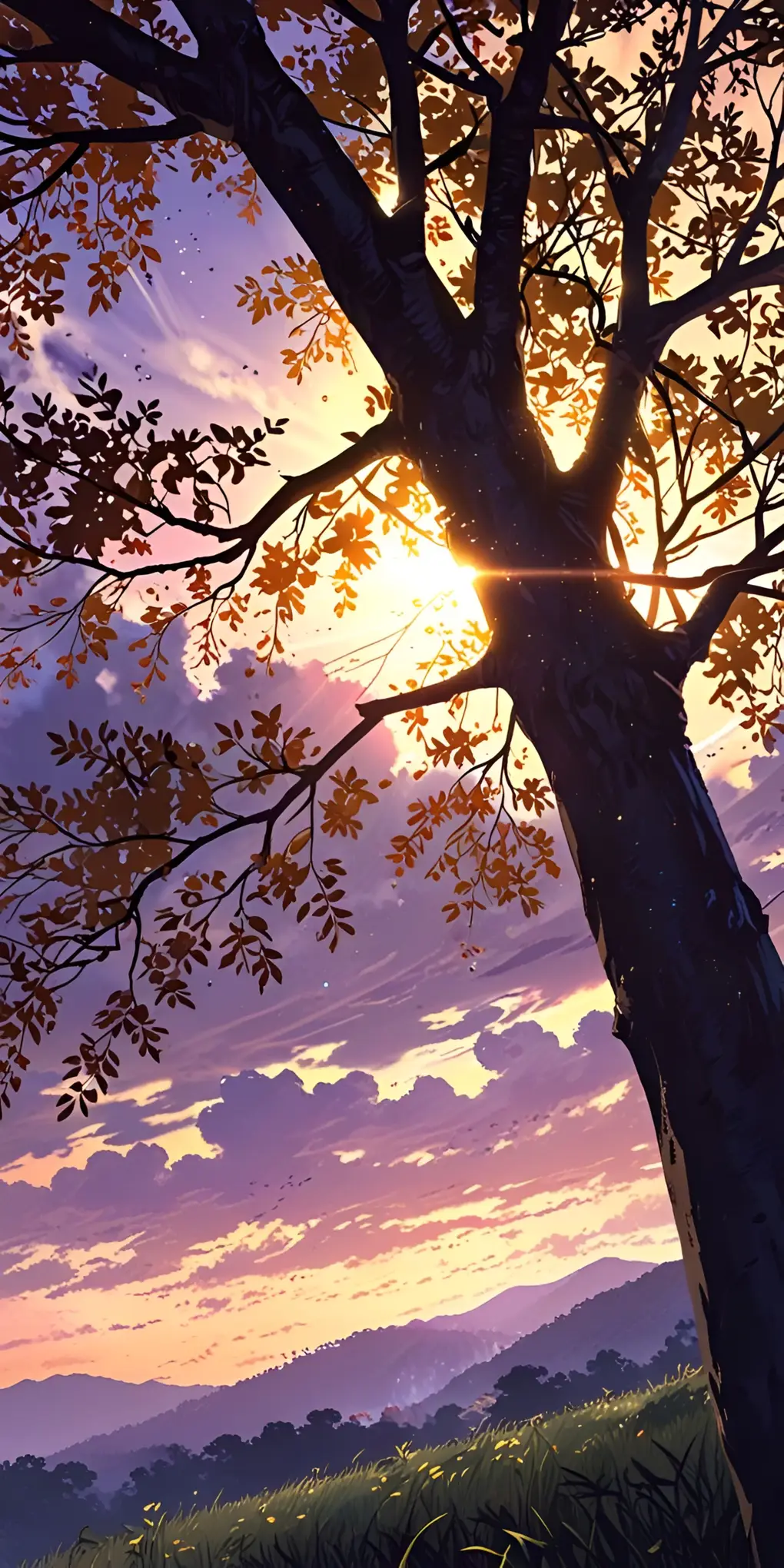 Anime Mti wa Machweo ya Jua ya Vuli Wallpaper