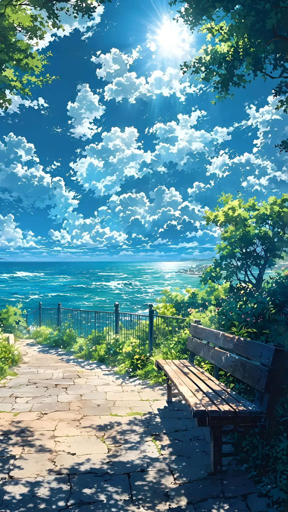 Anime Benchi ya Pwani Wallpaper – Mandhari ya Bahari Yenye Utulivu