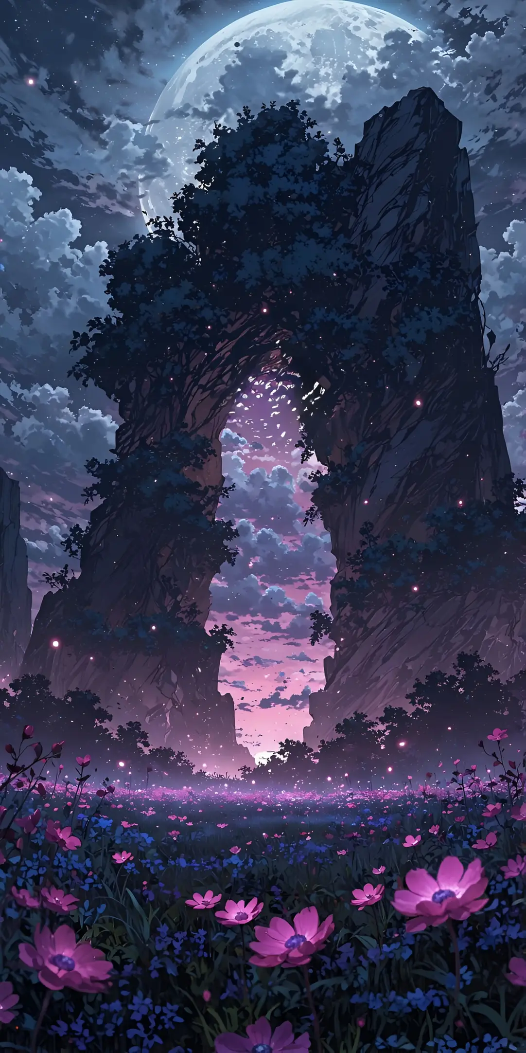 Anime Picha ya Usuli wa Tao la Mwamba Mwanga wa Mwezi na Shamba la Maua