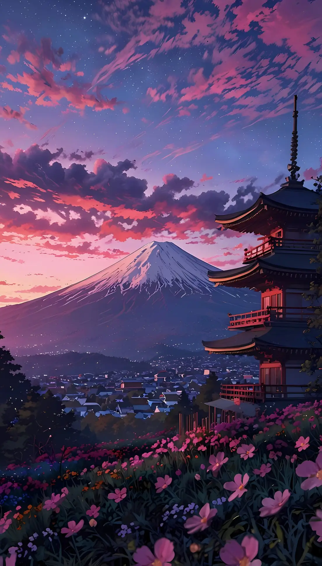 Mandhari ya Anime ya Mlima Fuji Pagoda Wakati wa Jua Kutua