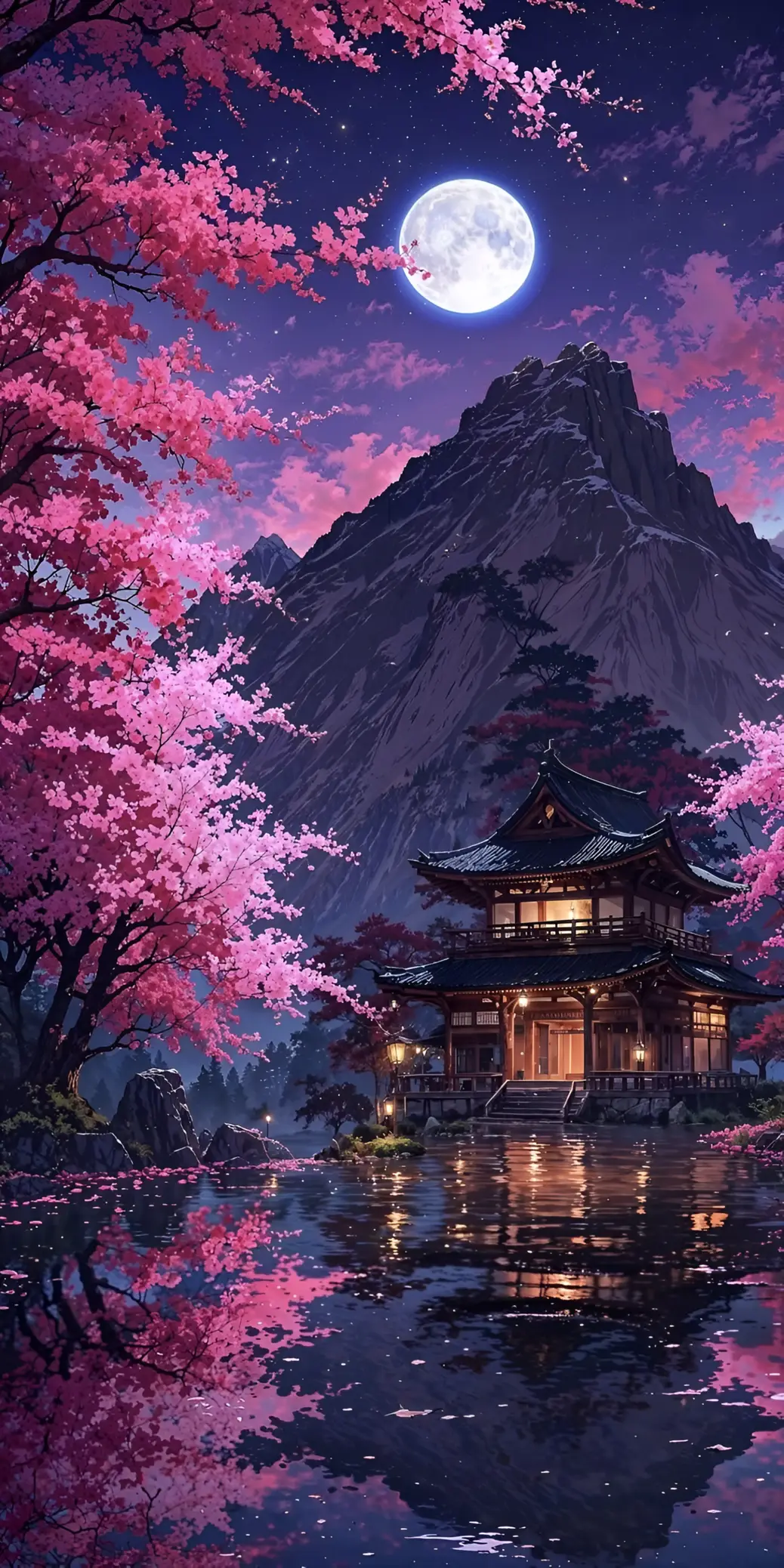 Anime Hekalu la Cherry Blossom Usiku wa Mwezi Wallpaper