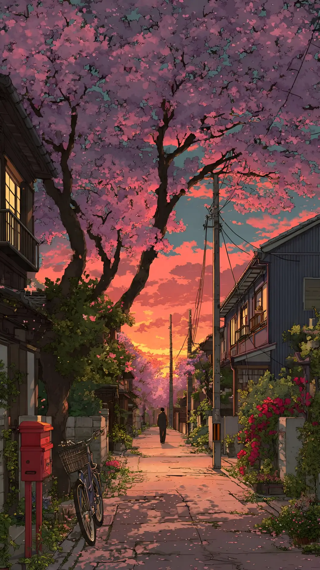 Wallpaper ya Anime ya Mtaa wa Cherry Blossom Wakati wa Jua Kutua