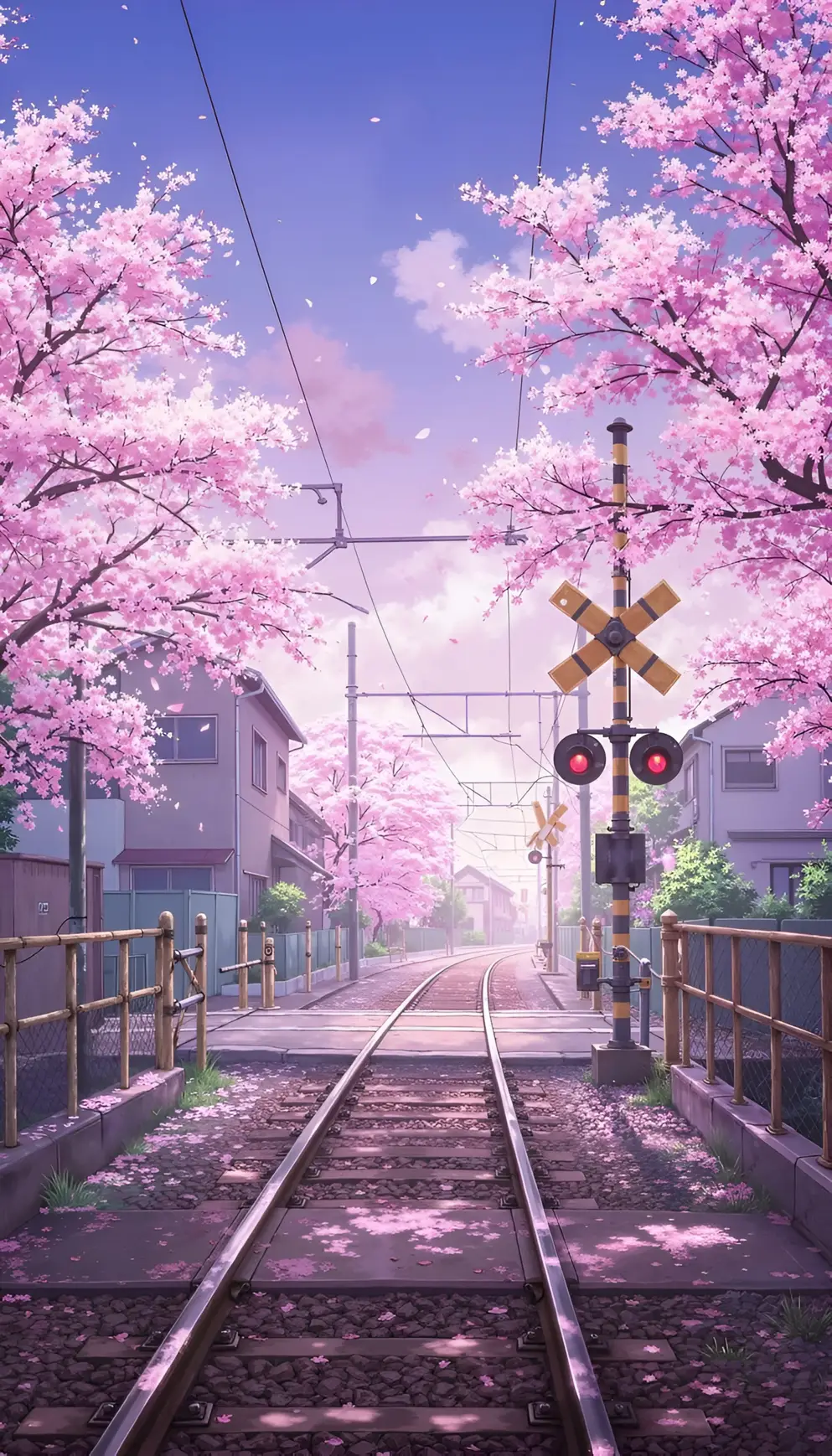 Anime Cherry Blossom Kivuko cha Reli Picha ya Mandhari