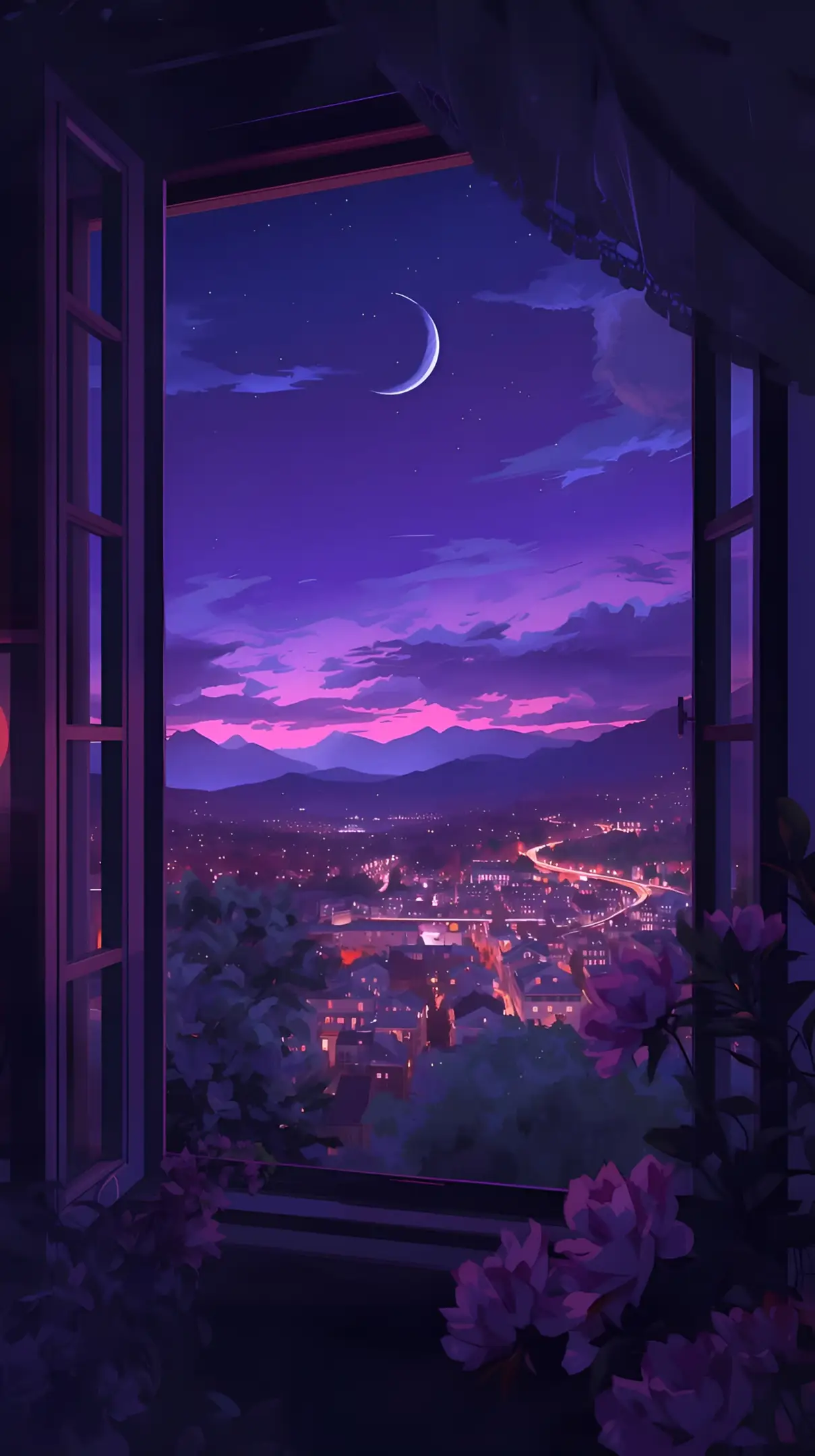 Anime Night City Window View Wallpaper