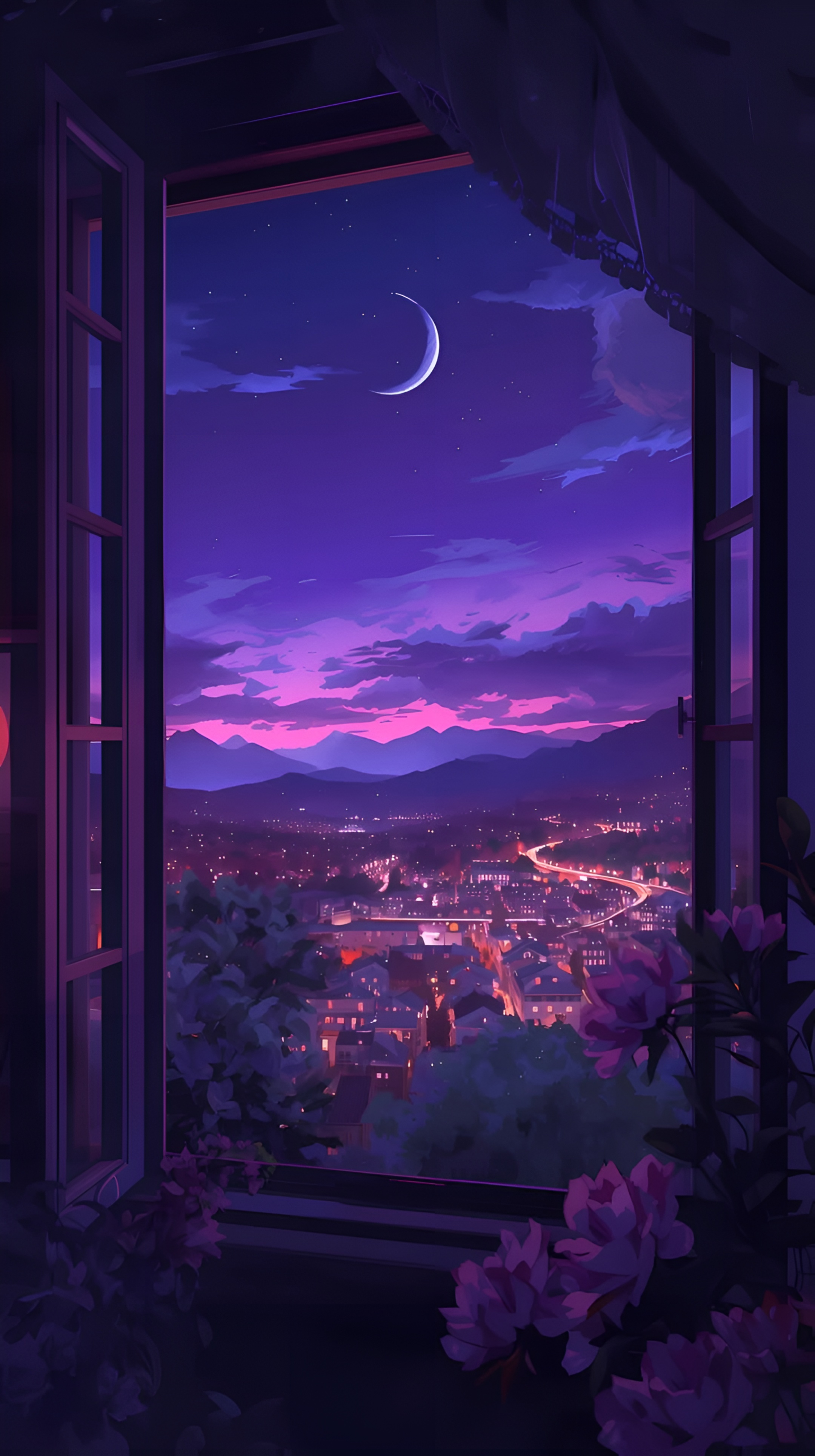 Anime Night City Window View Wallpaper