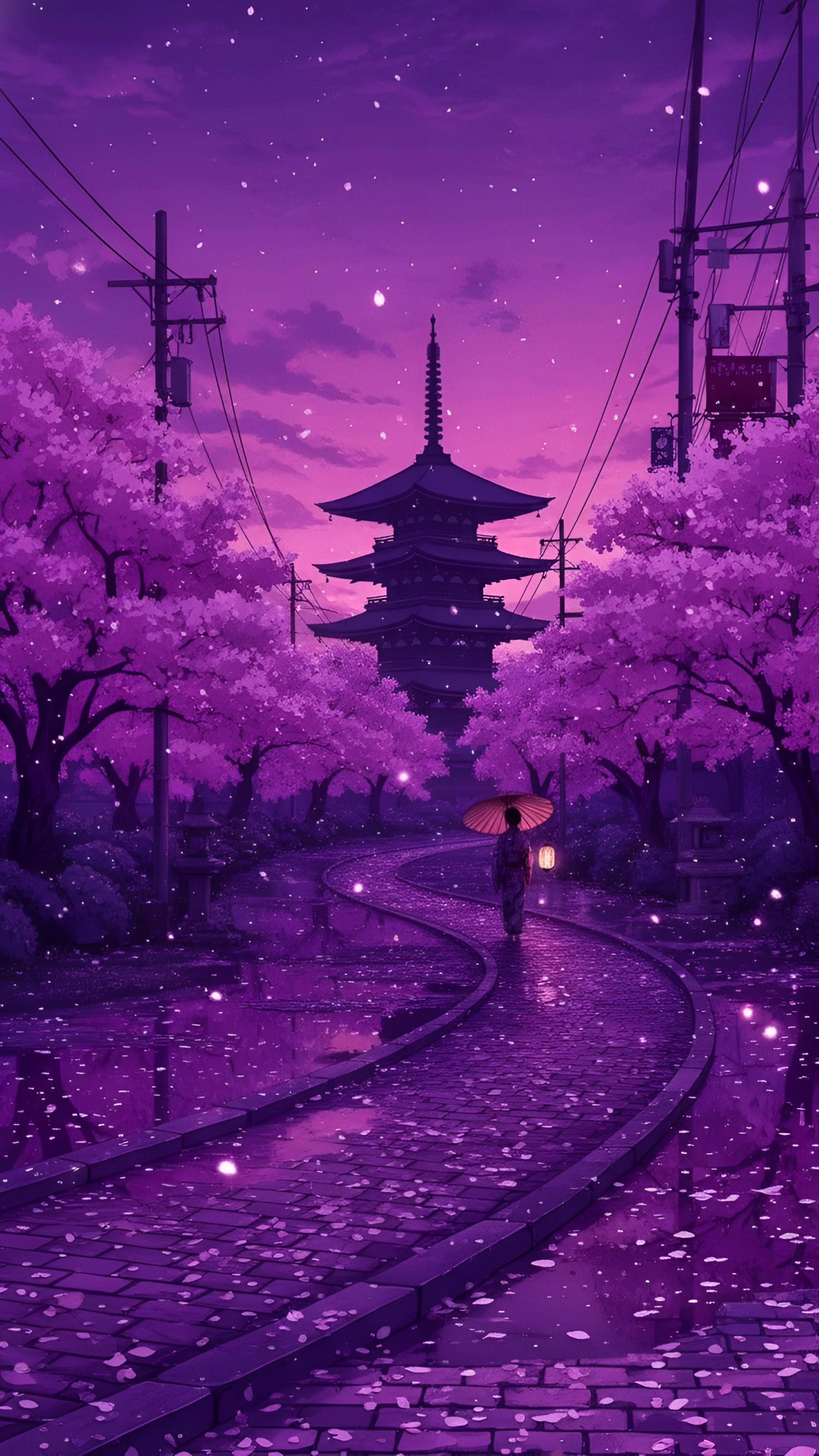 Purple Anime Pagoda Night Wallpaper