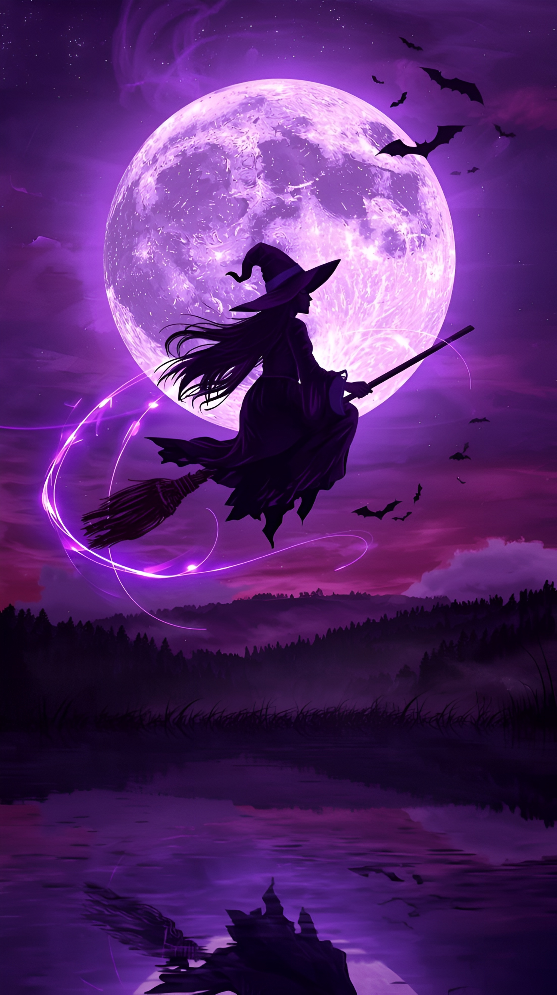 Purple Moon Witch Wallpaper – Halloween Fantasy 4K