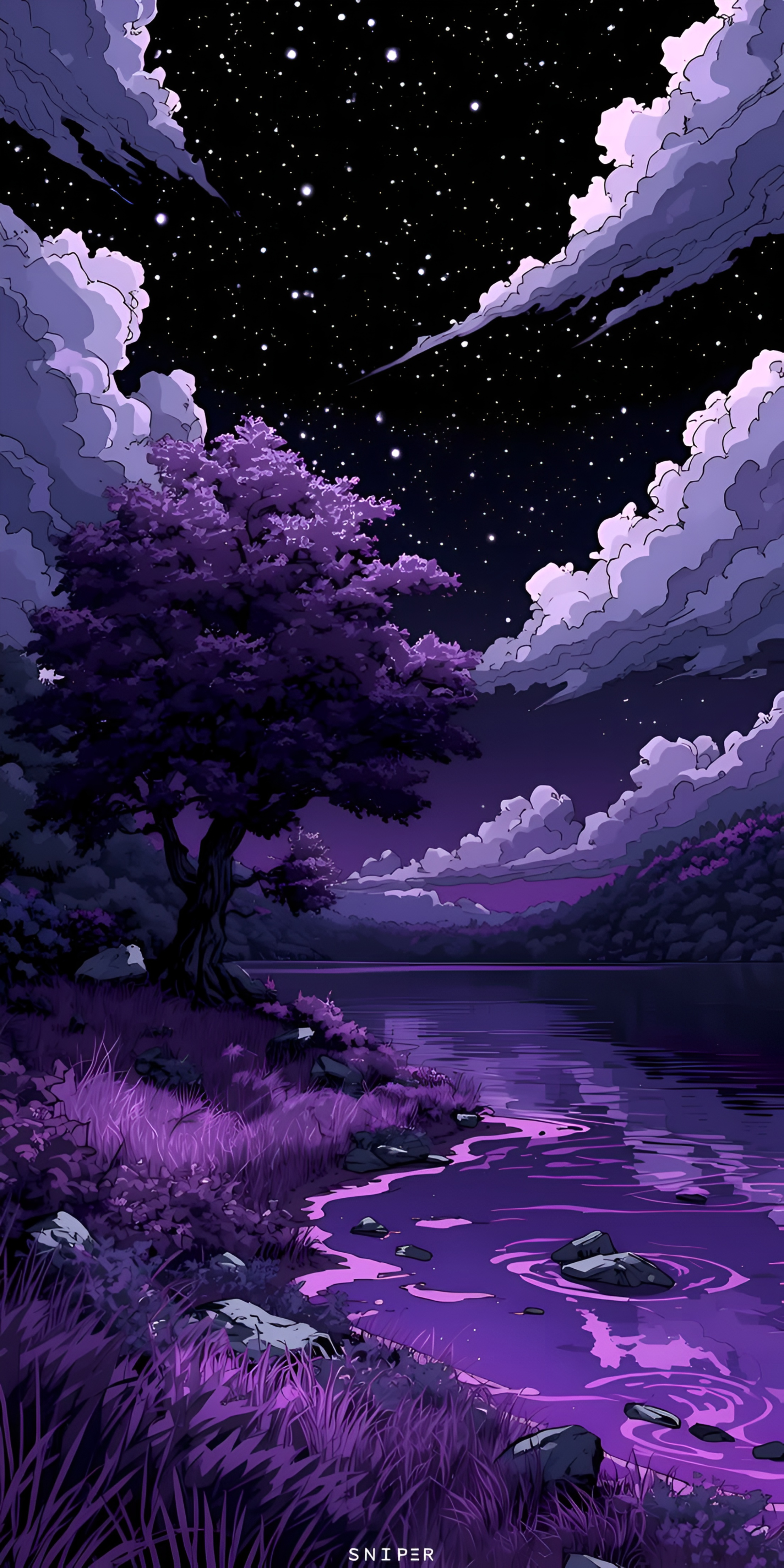 Anime Purple Night Lake Starry Sky Wallpaper