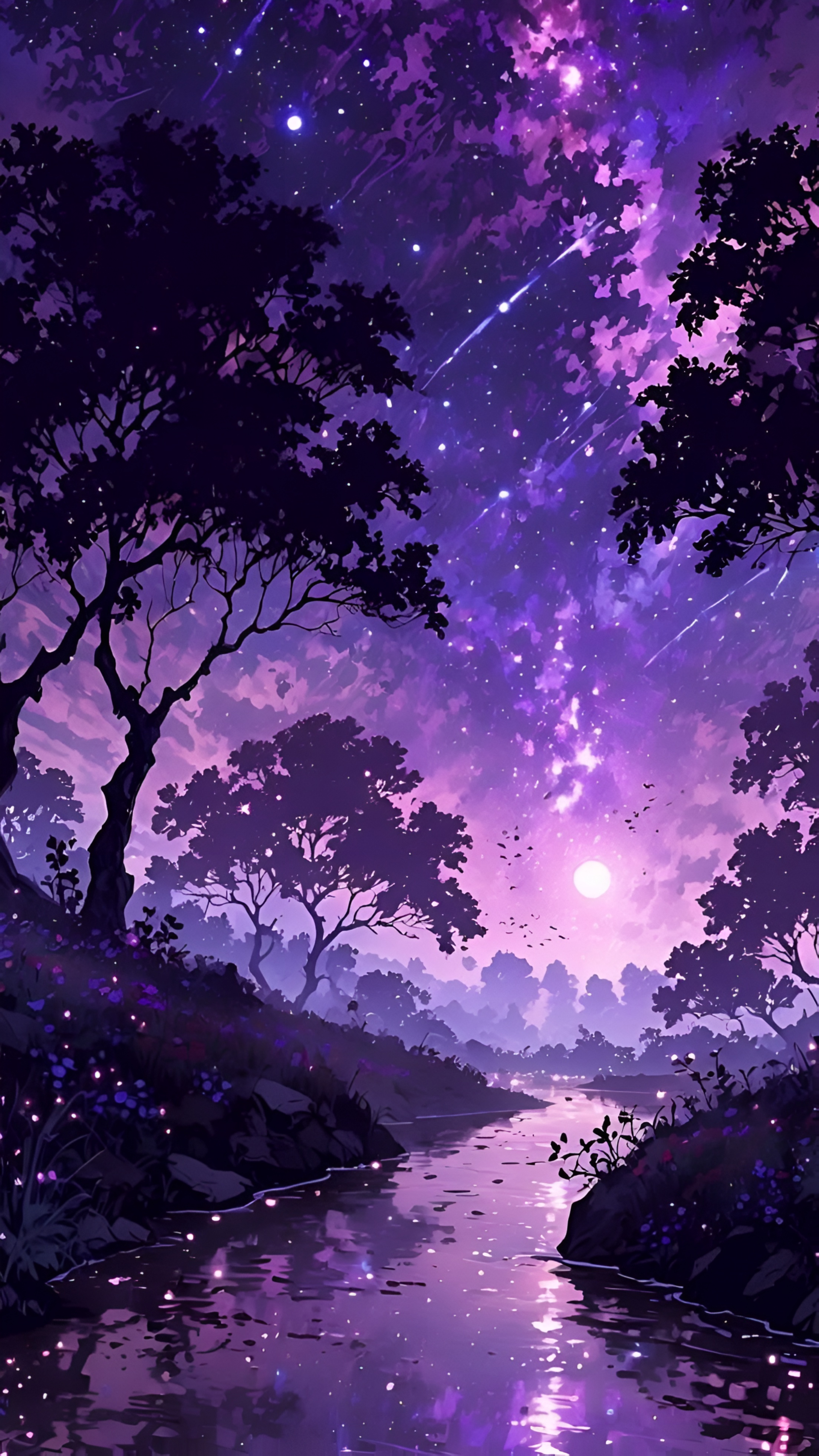 Anime Purple Night Sky River Wallpaper