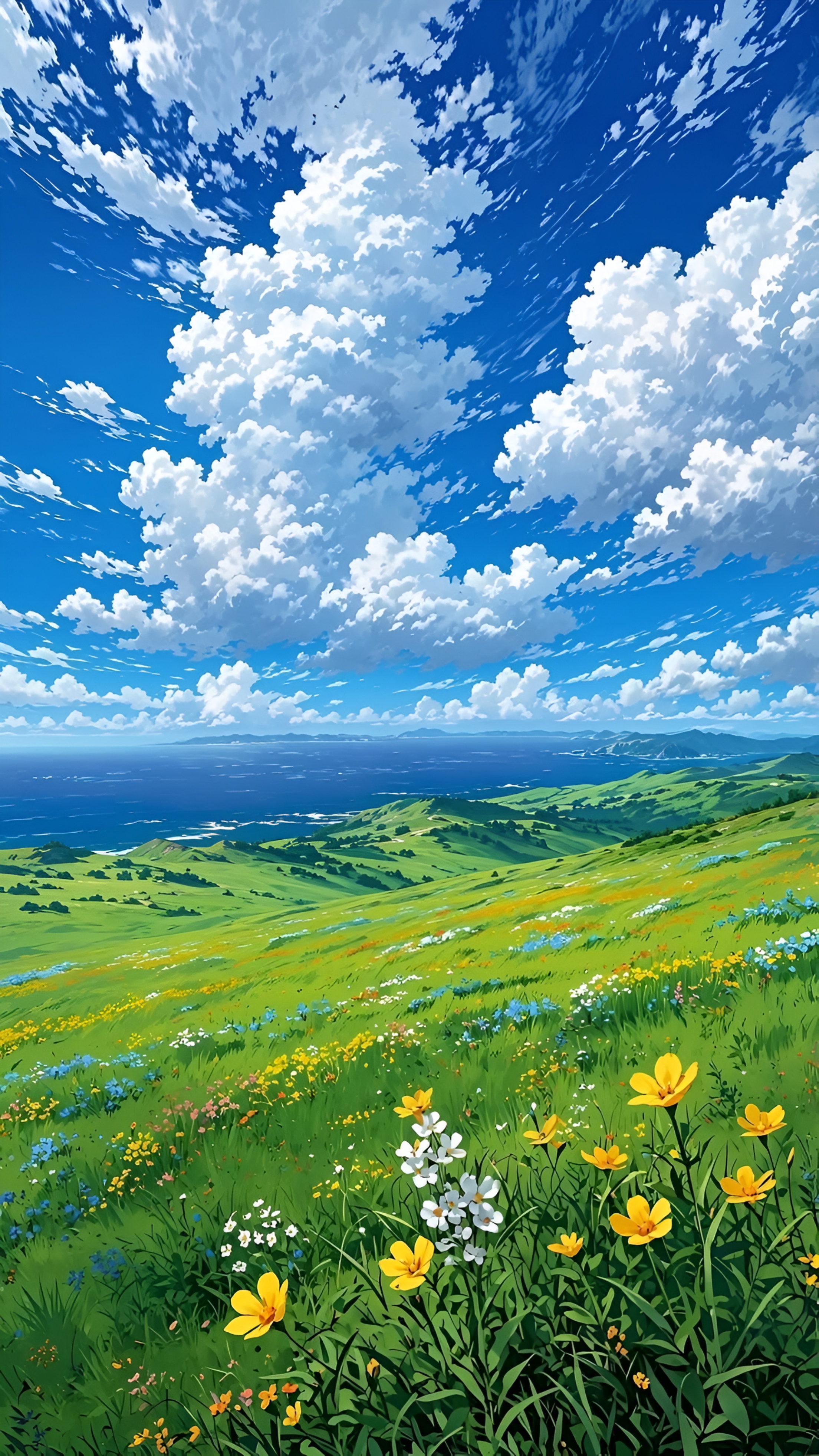 Anime Coastal Meadow Wildflowers 4K Wallpaper