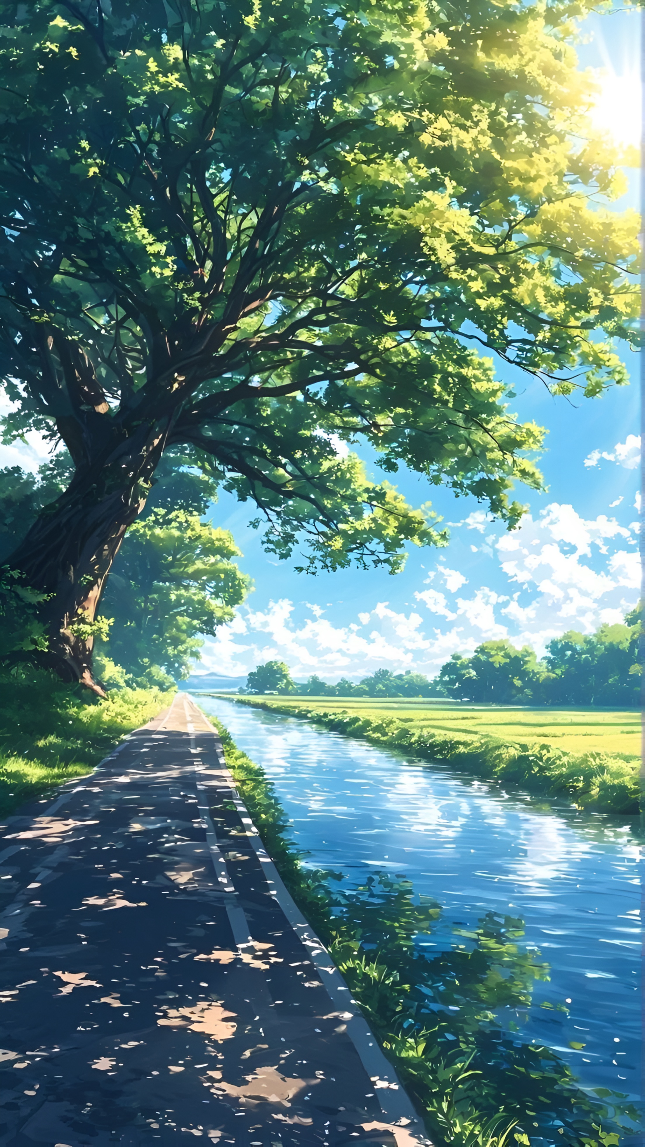 Anime Summer Road by the River Wallpaper