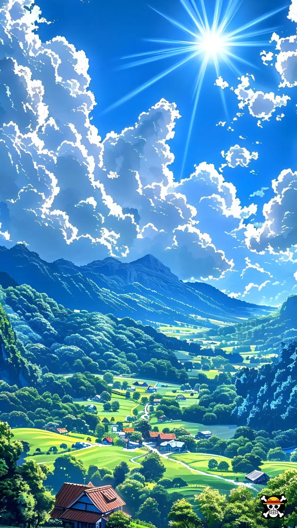 Anime Village Valley Sunny Sky 4K Wallpaper