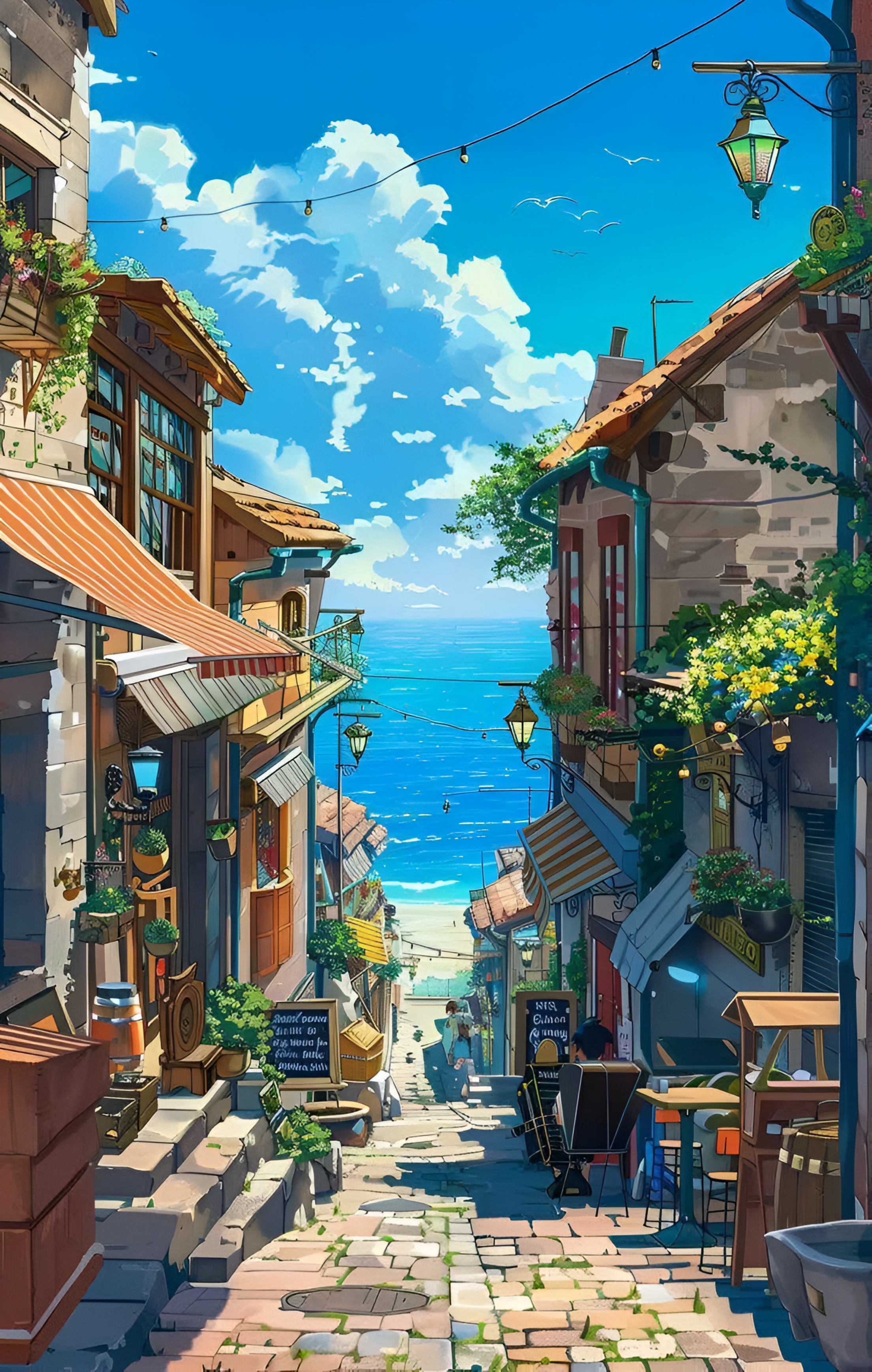 Anime Coastal Alley Seaside Town Wallpaper