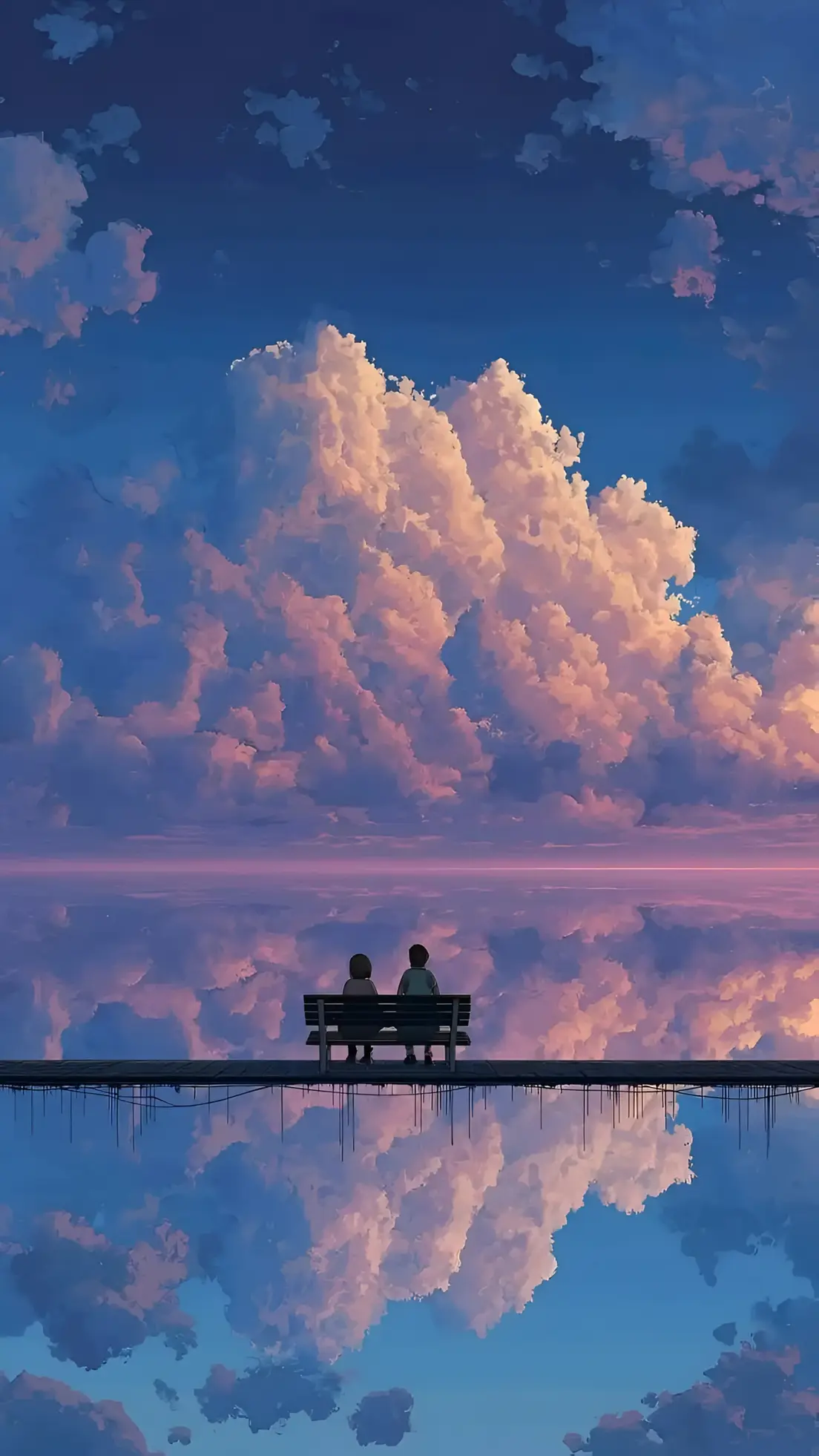 Anime Cloudscape Bench Wallpaper – Twilight Reflection