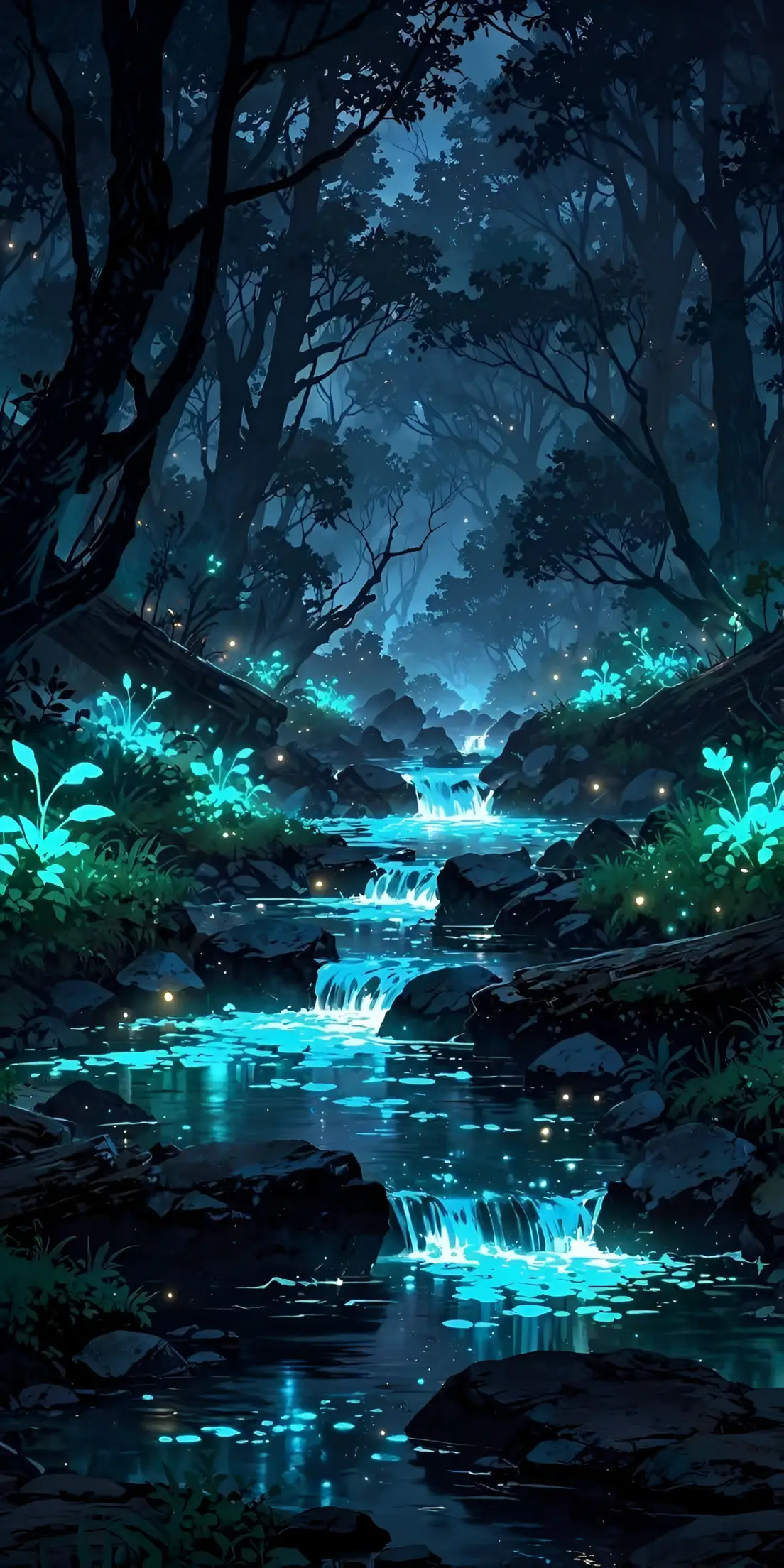Anime Bioluminescent Forest Stream Wallpaper Night