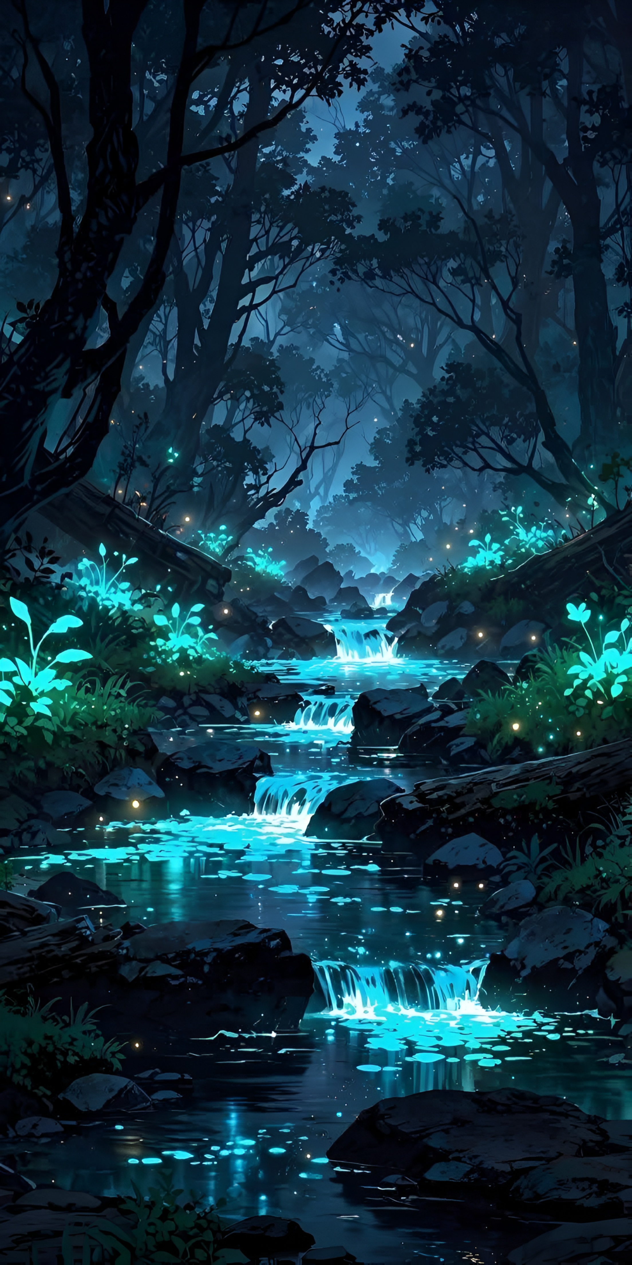 Anime Bioluminescent Forest Stream Wallpaper Night