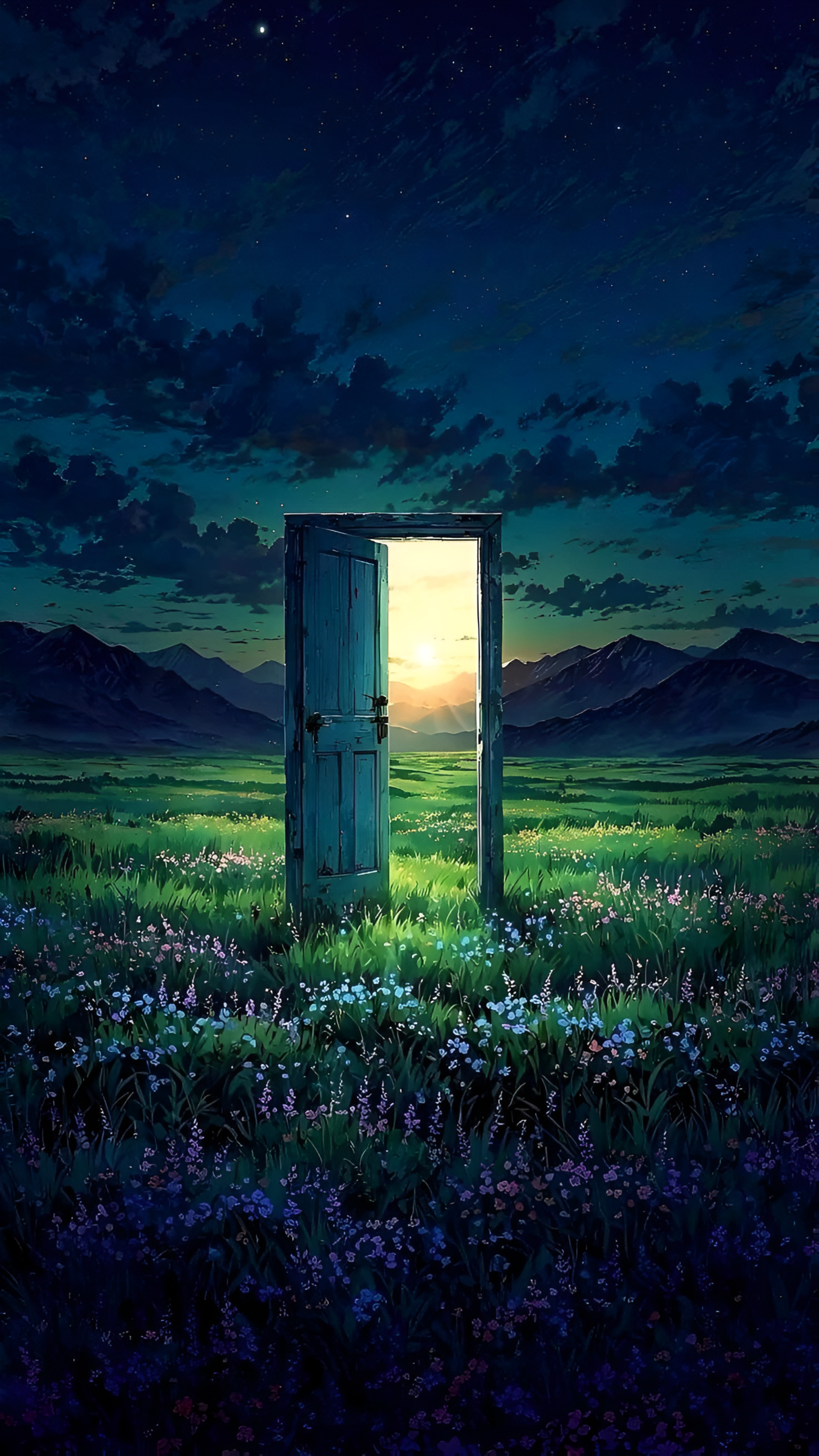 Anime Magical Door Meadow Night Wallpaper