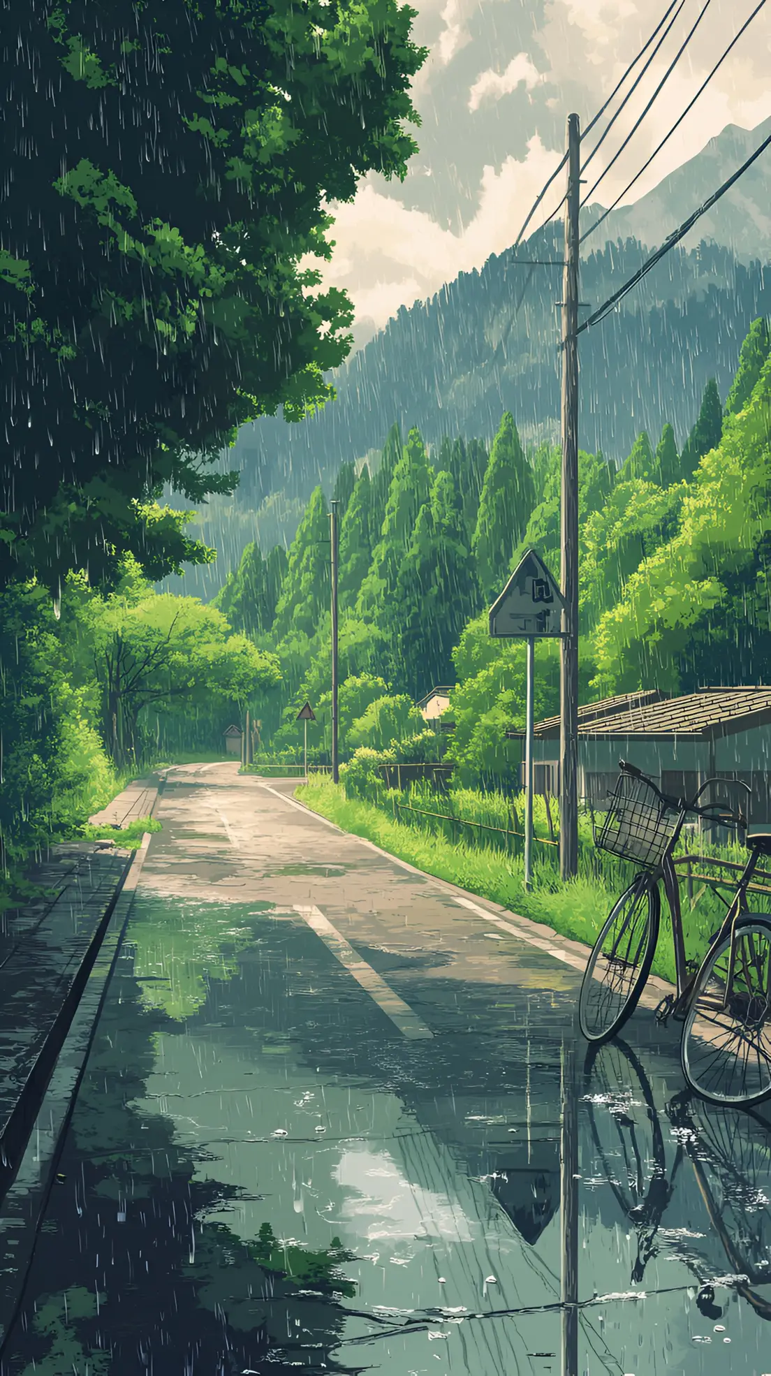 Anime Rainy Village Road Wallpaper