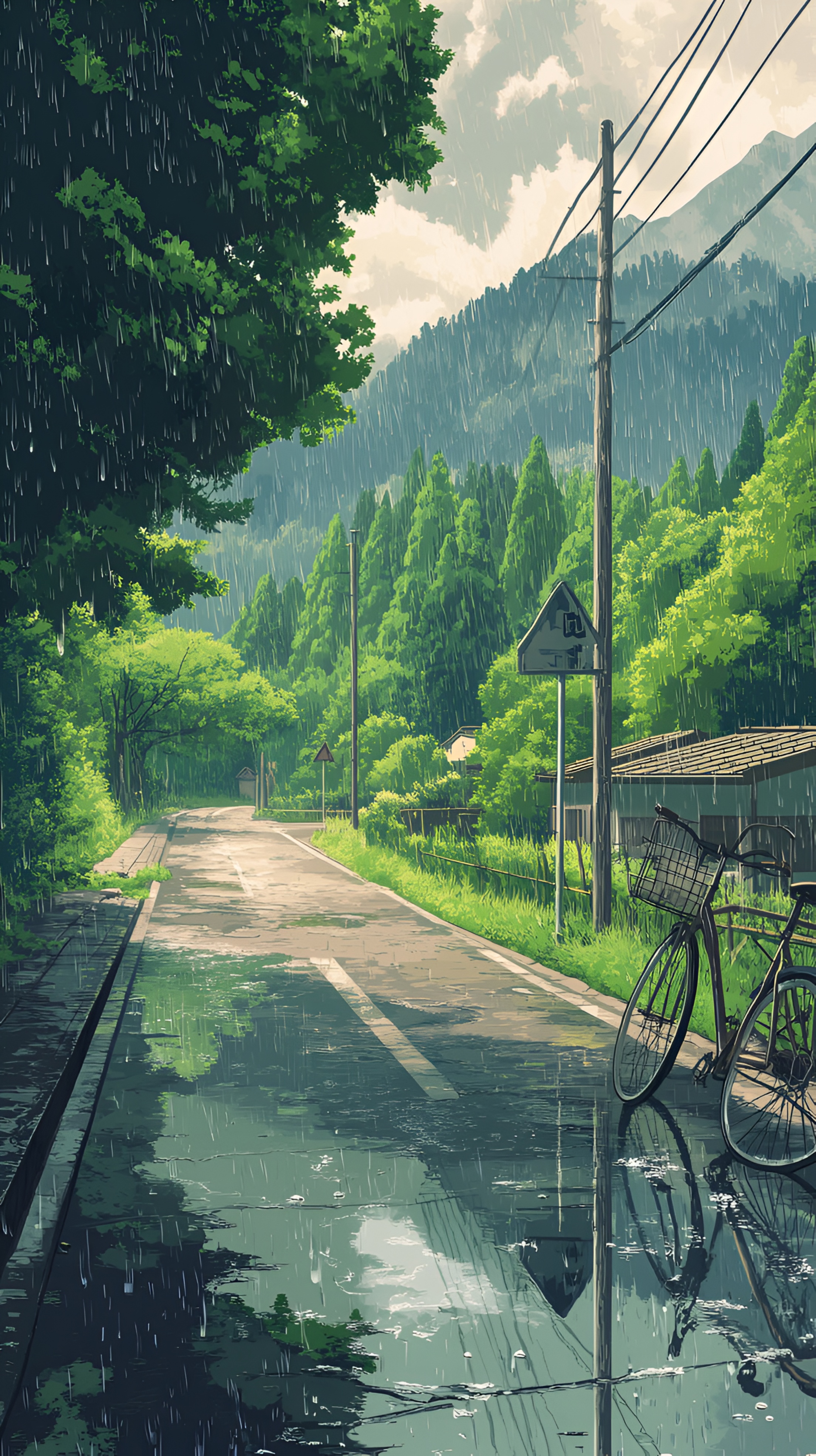 Anime Rainy Village Road Wallpaper