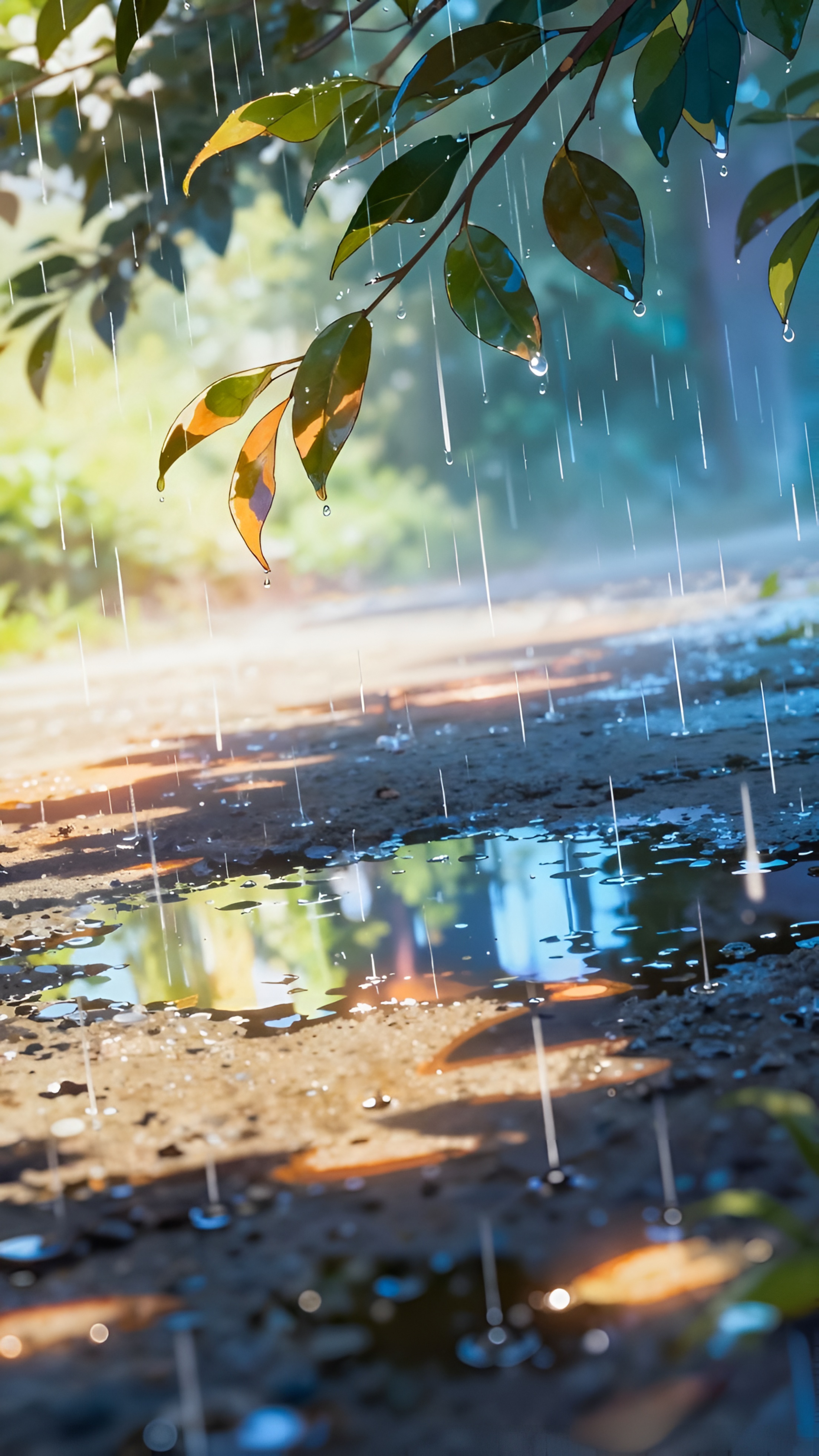 Anime Rain Puddle Wallpaper with Lush Leaves