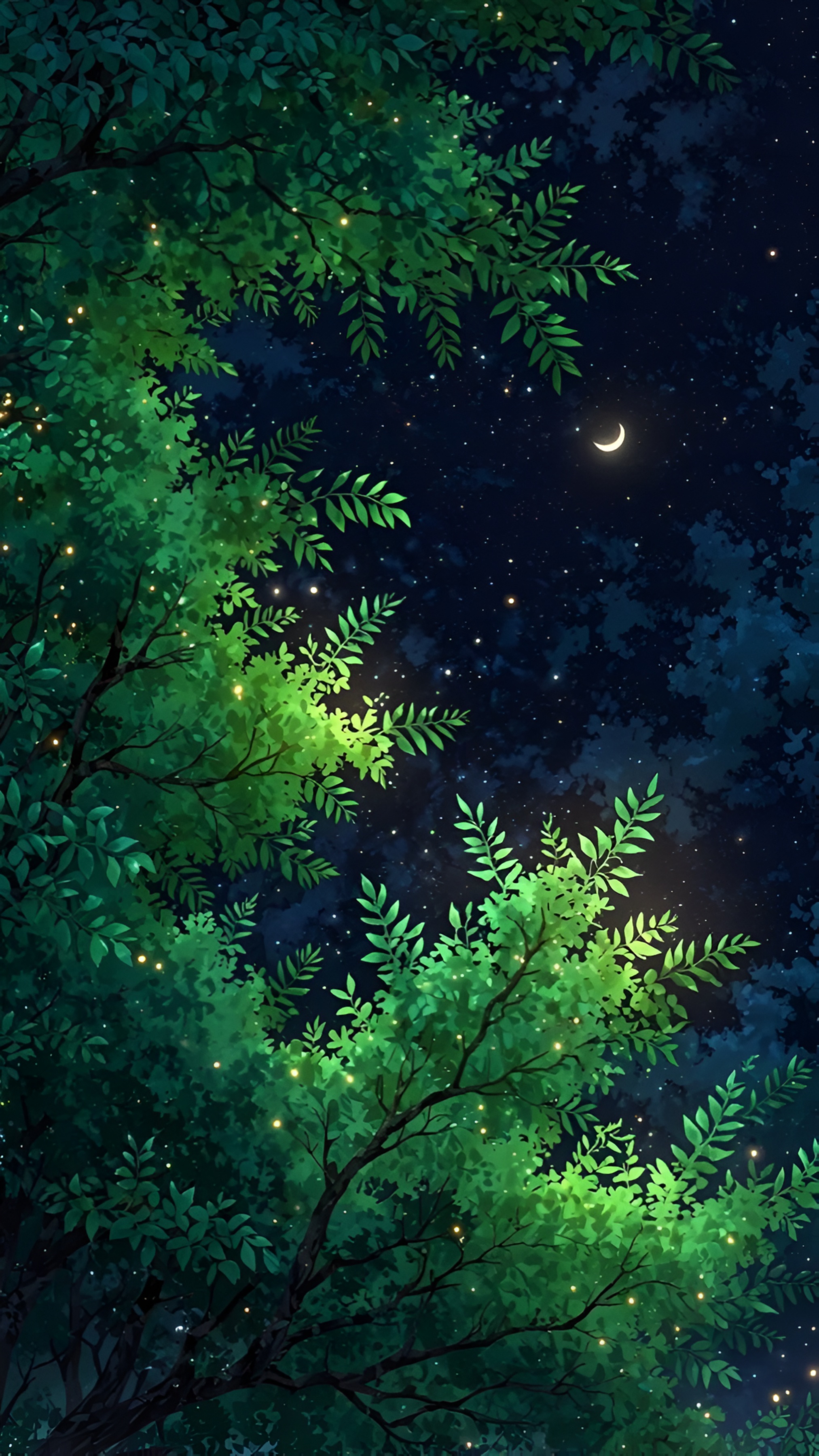 Anime Forest Night Sky Crescent Moon Wallpaper