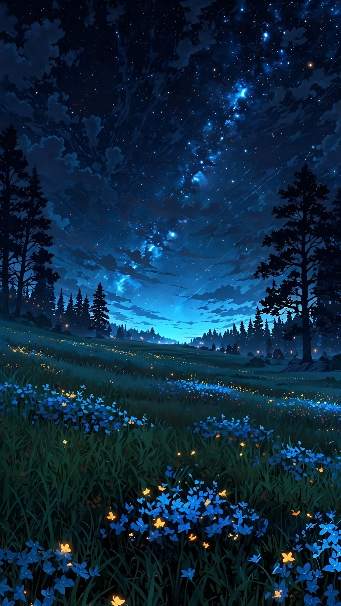 Anime Night Meadow Starry Sky Wallpaper
