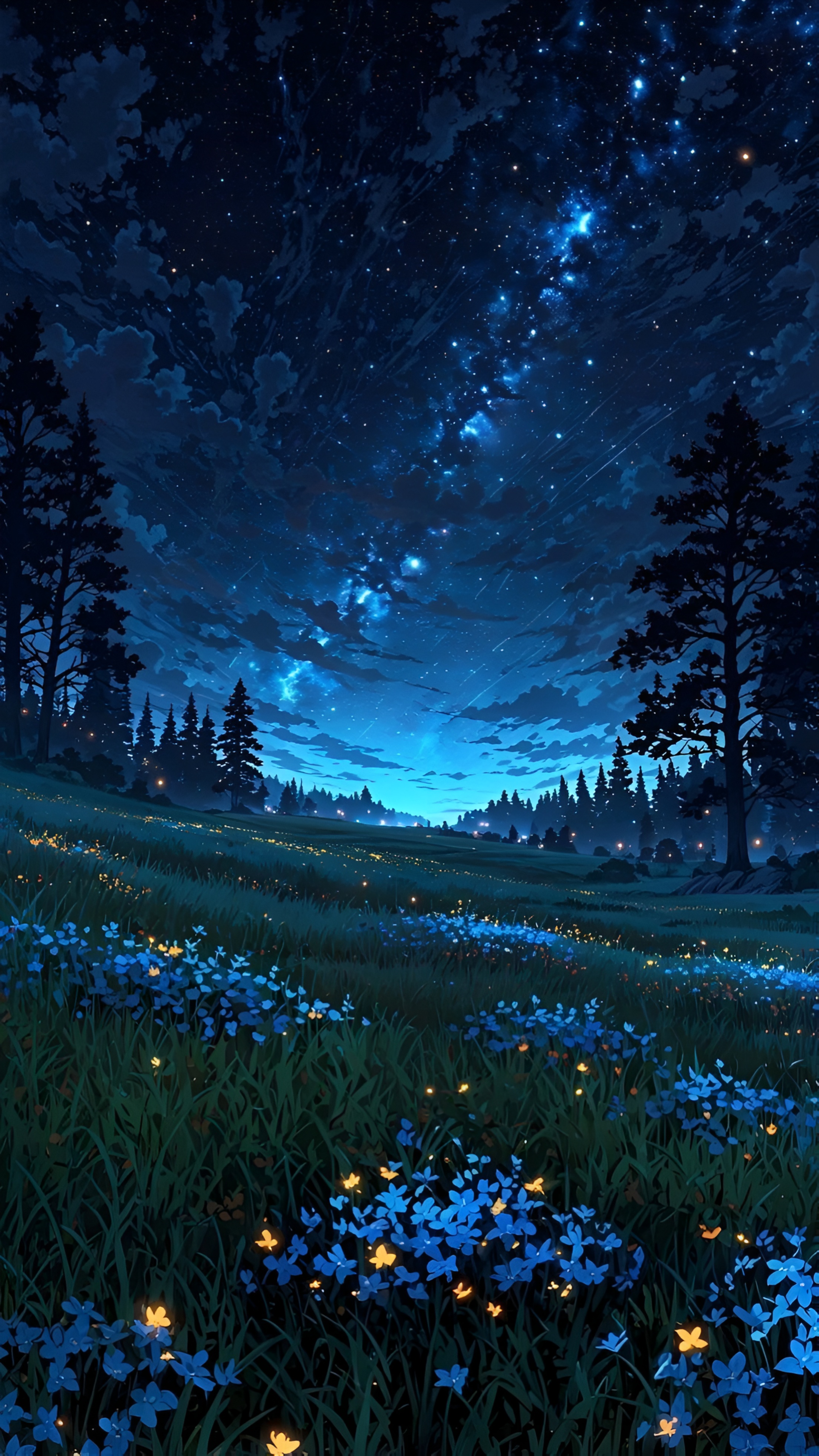 Anime Night Meadow Starry Sky Wallpaper