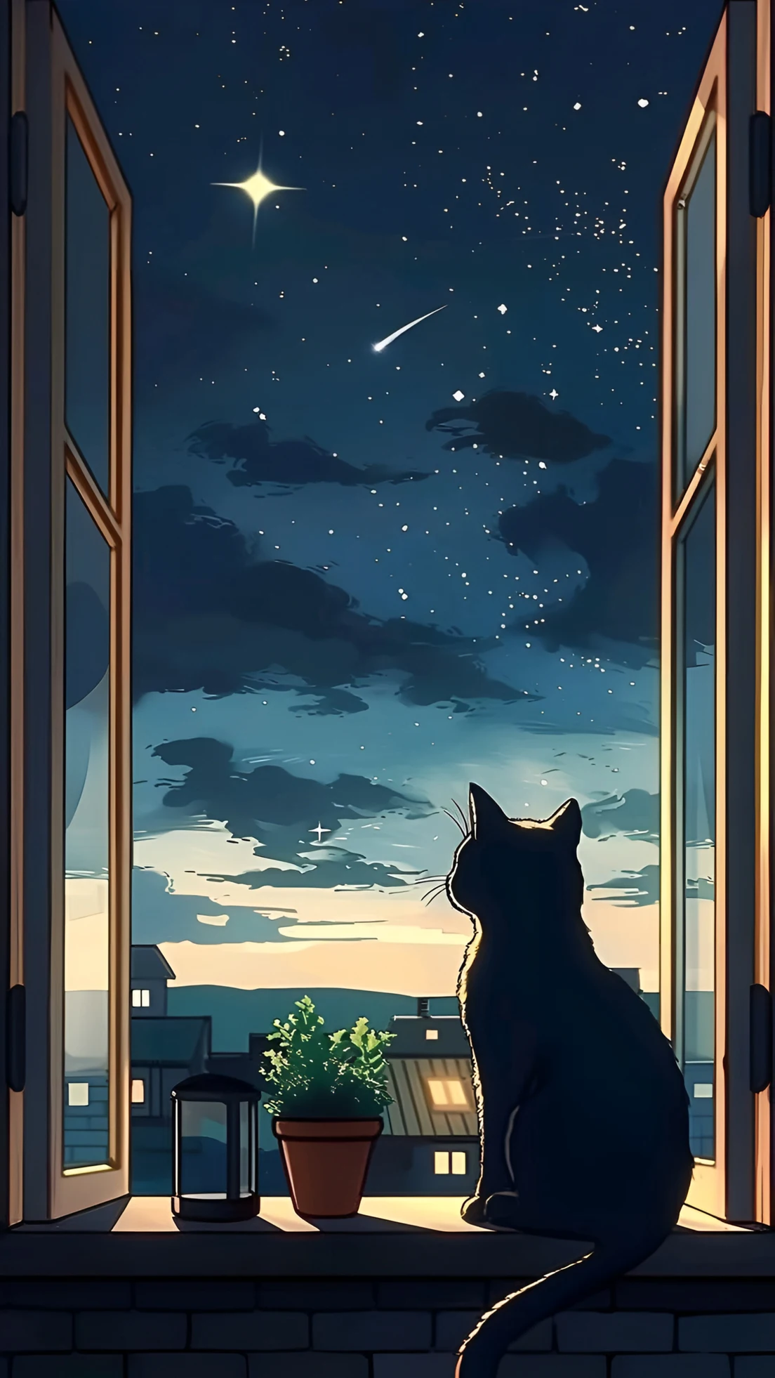 Anime Cat Stargazing Night Window Wallpaper