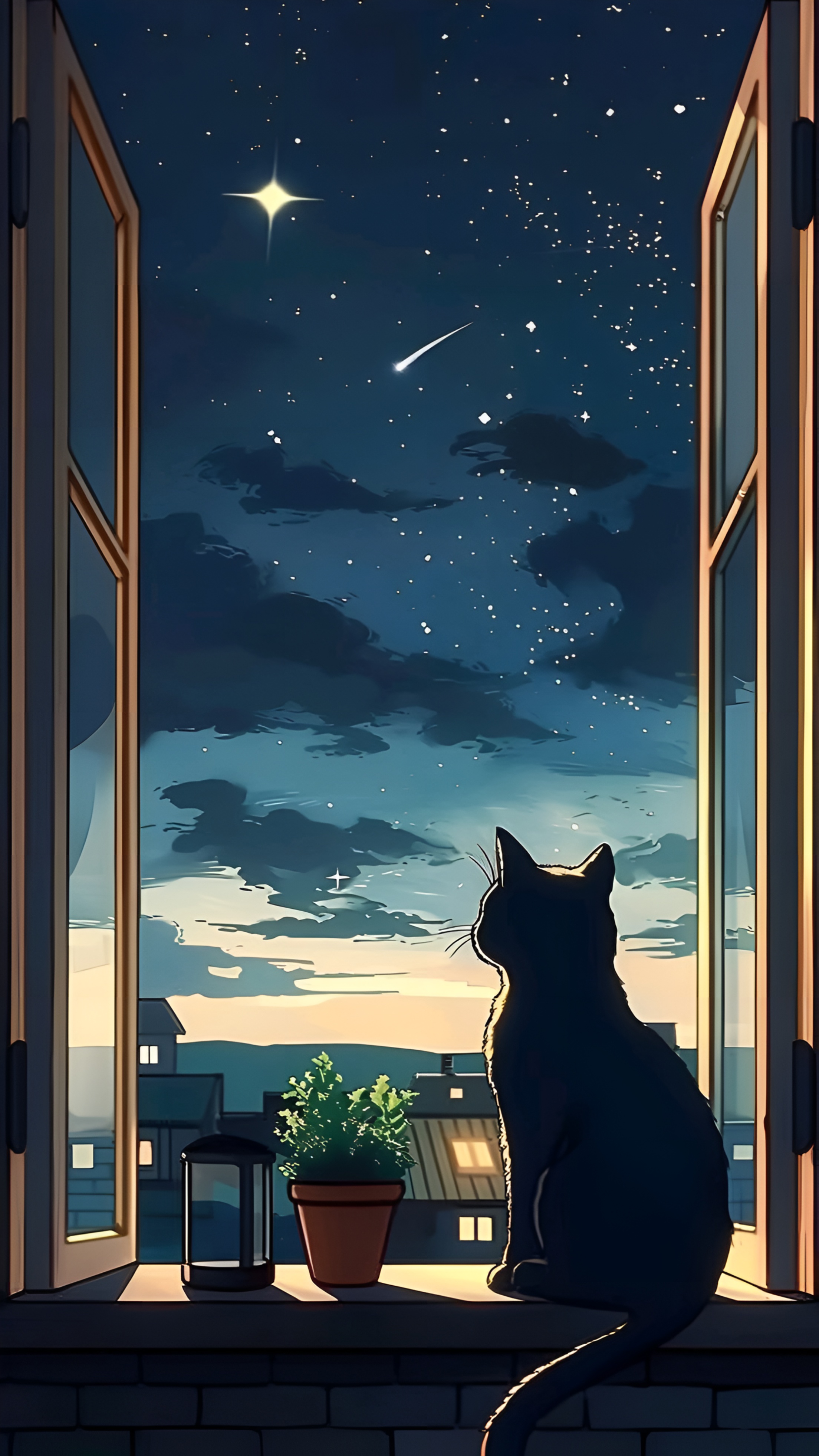 Anime Cat Stargazing Night Window Wallpaper