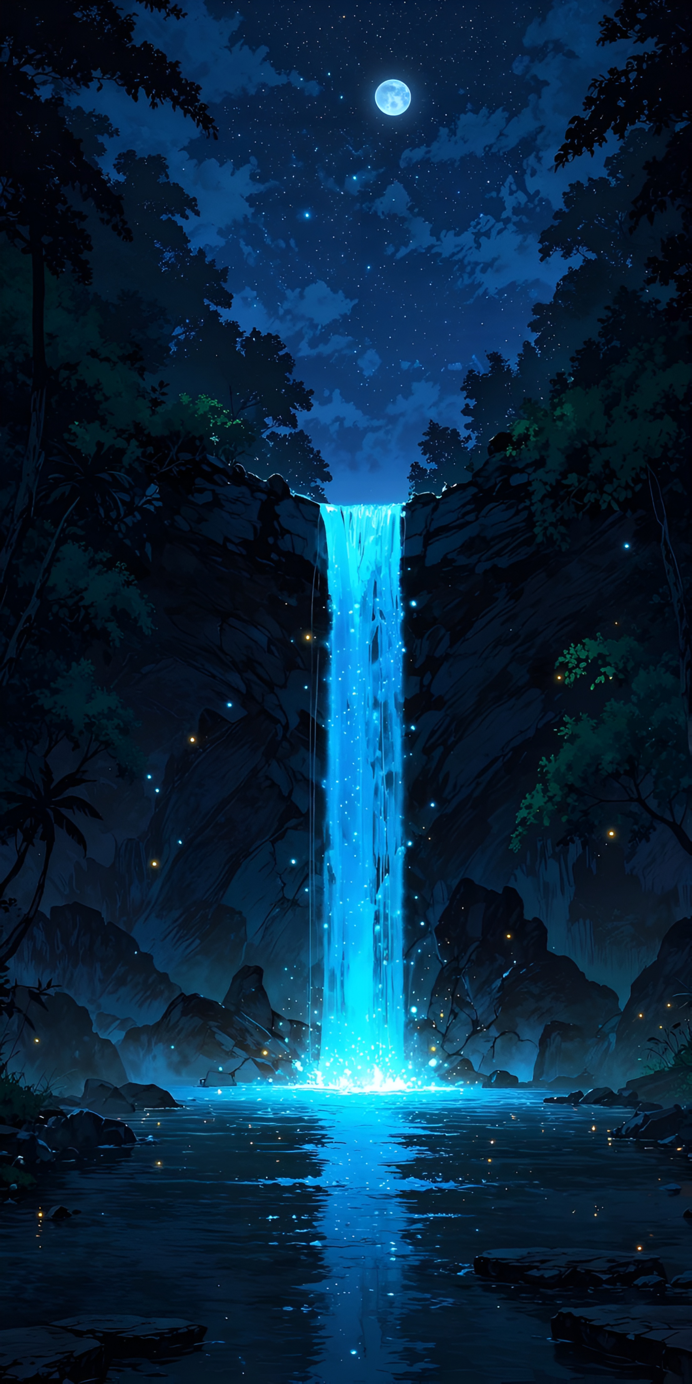 Anime Moonlit Glowing Waterfall Night Wallpaper