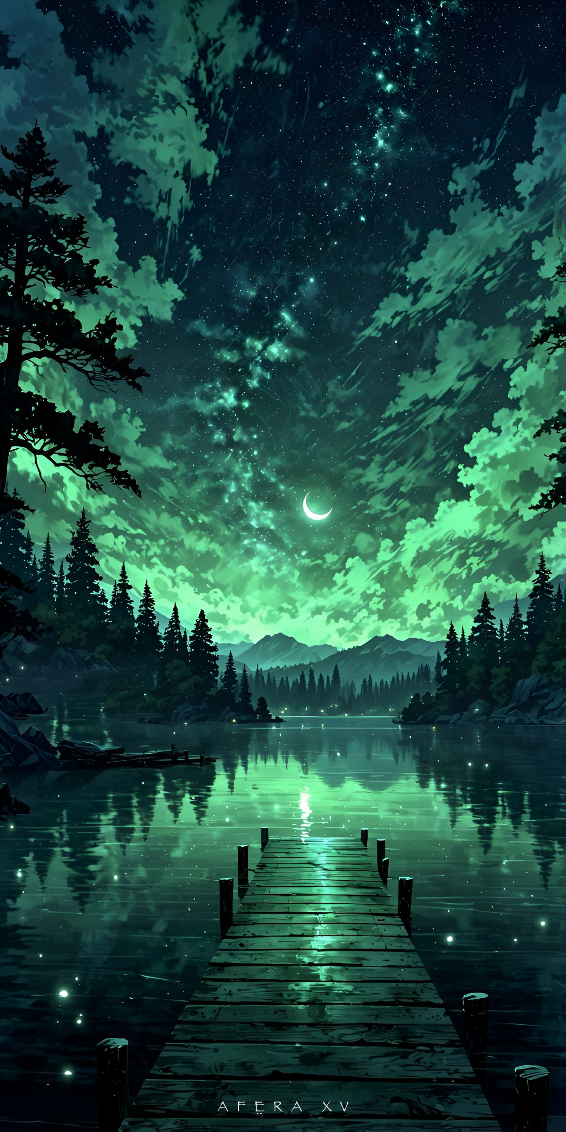 Anime Aurora Lake Dock Night Wallpaper