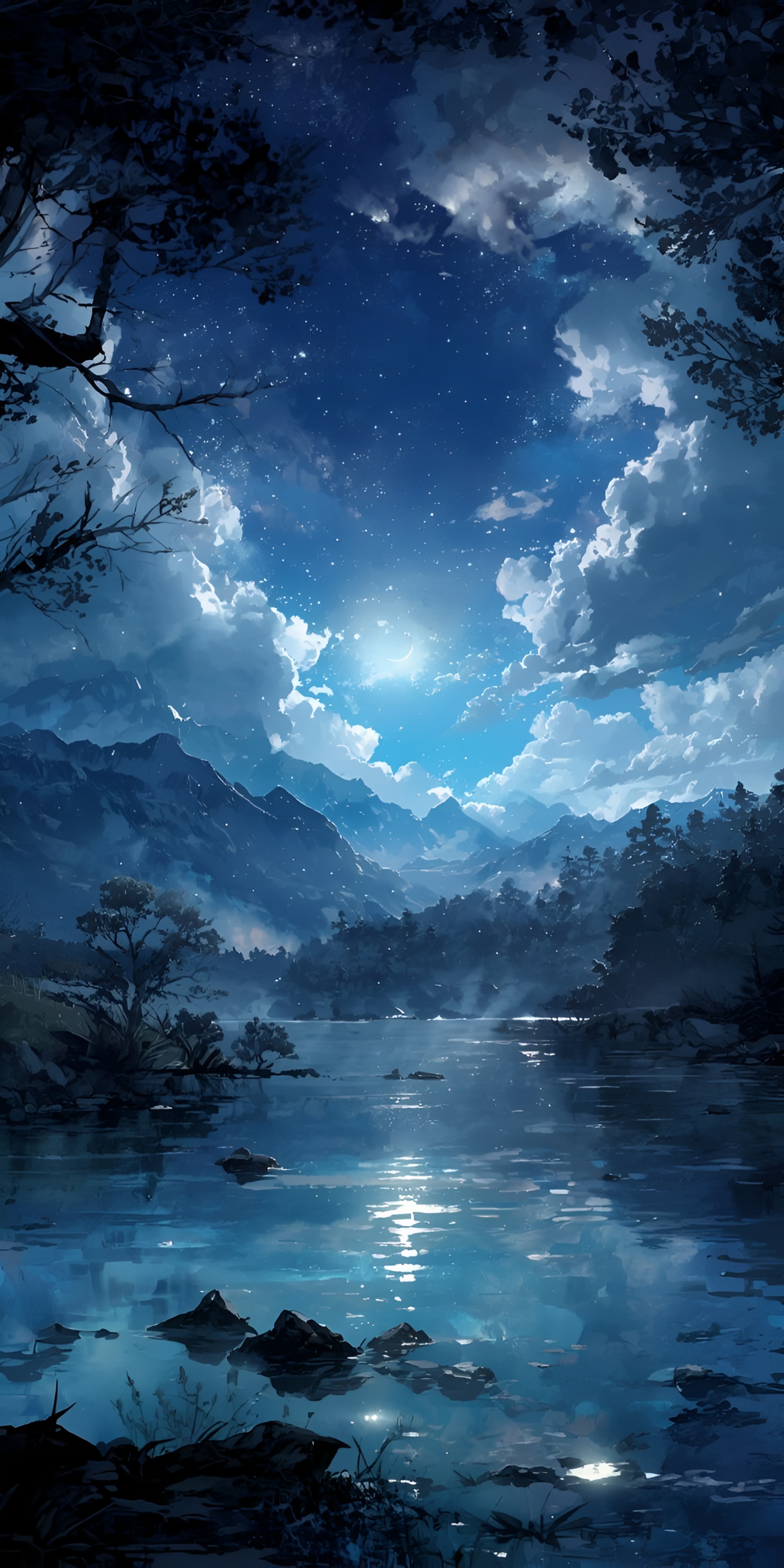 Anime Moonlit Lake Night Sky Wallpaper