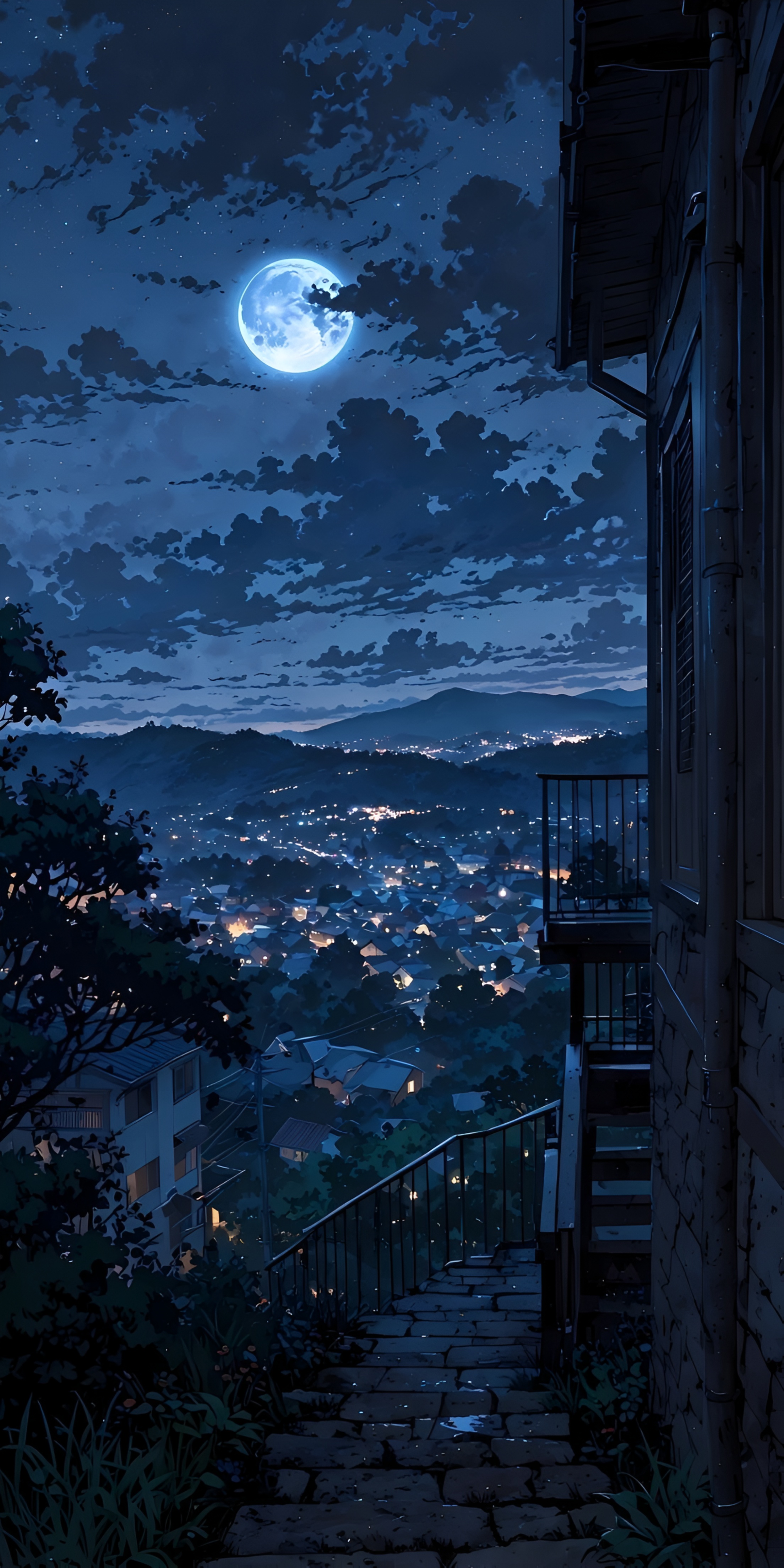 Anime Moonlit City Night View Wallpaper