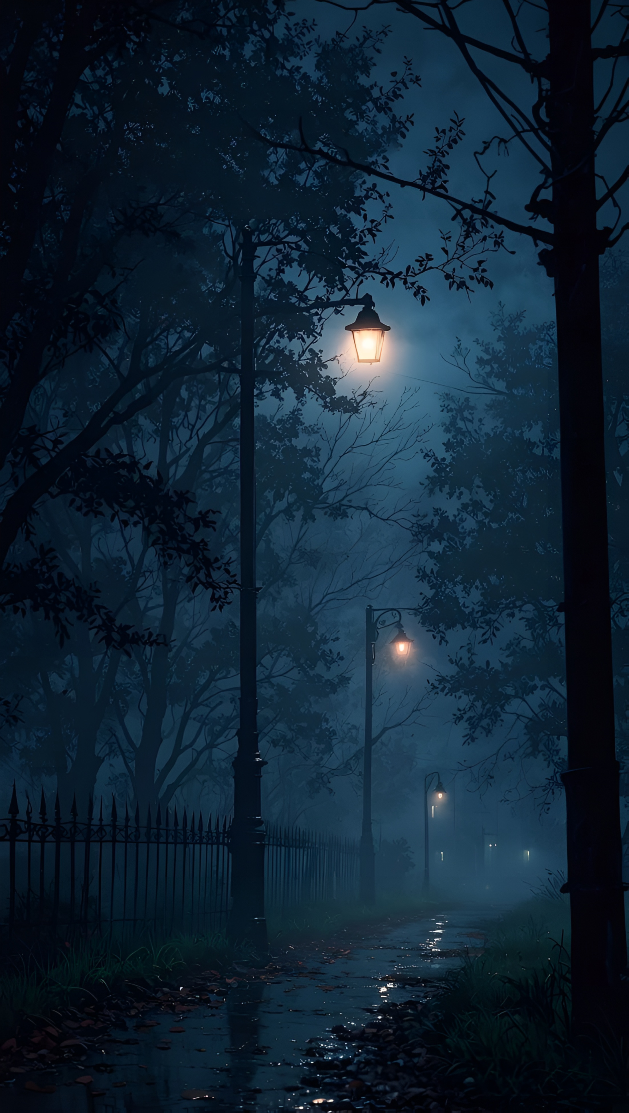 Anime Foggy Night Park Lantern Wallpaper