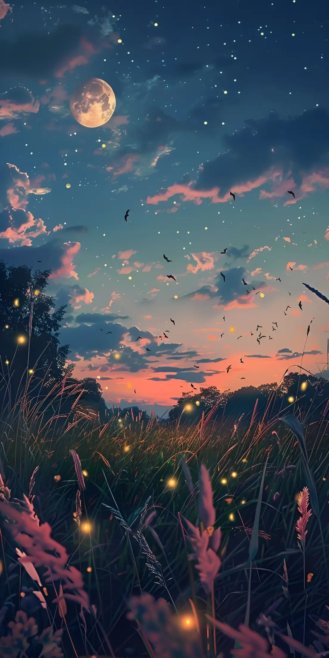 Anime Twilight Meadow Fireflies Moon Wallpaper